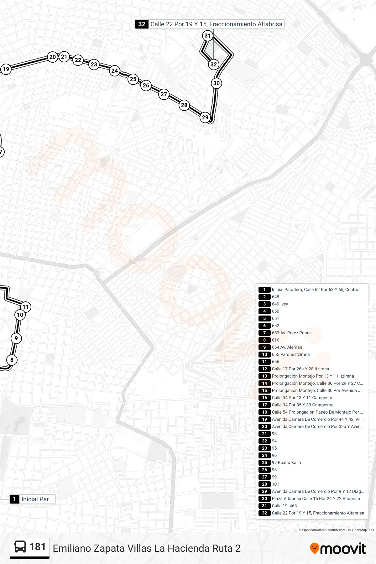 181 bus Line (Emiliano Zapata Villas La Hacienda Ruta 2) route and stops on a map
