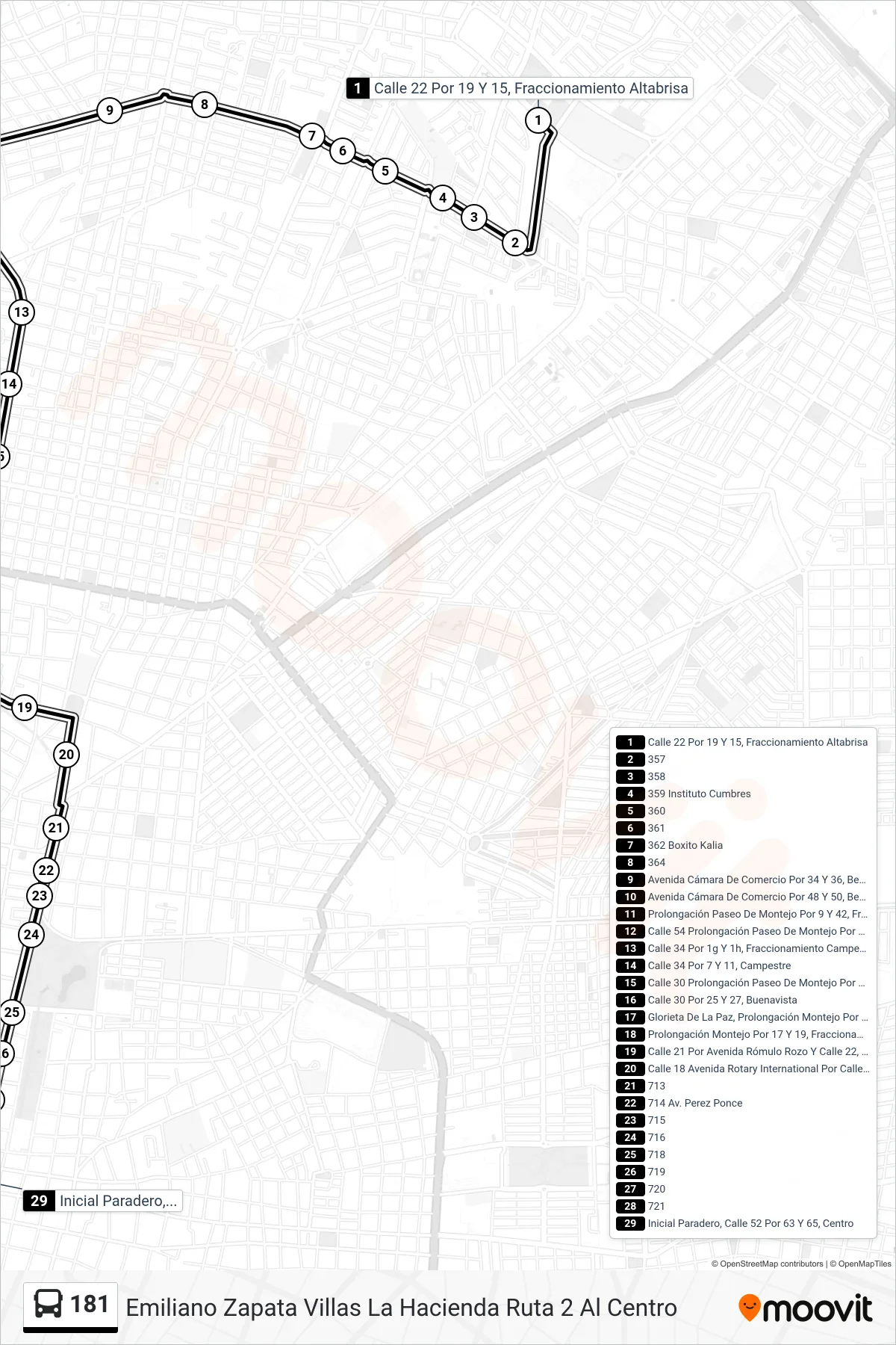 181 bus Line (Emiliano Zapata Villas La Hacienda Ruta 2 Al Centro) route and stops on a map