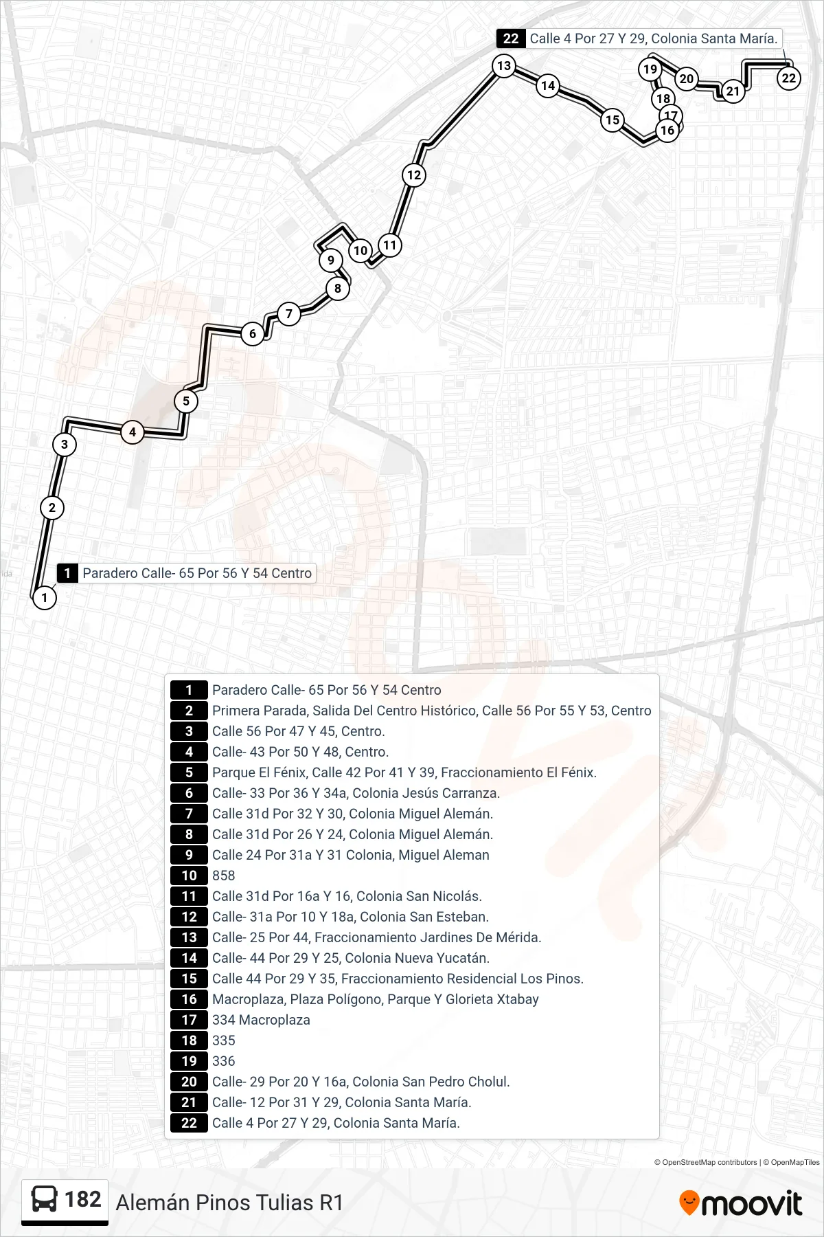 Recorrido y paradas de la línea 182 de autobús (Alemán Pinos Tulias R1) en el mapa