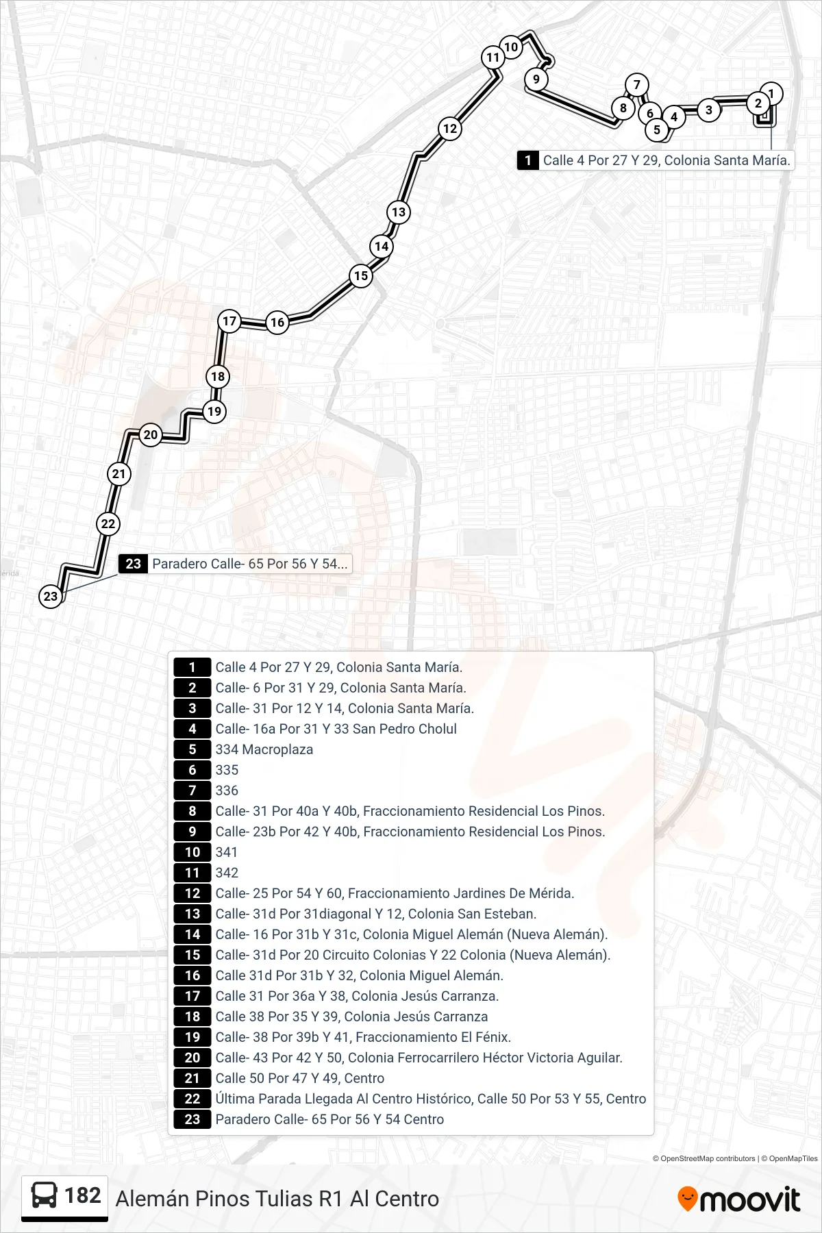 182 bus Line (Alemán Pinos Tulias R1 Al Centro) route and stops on a map