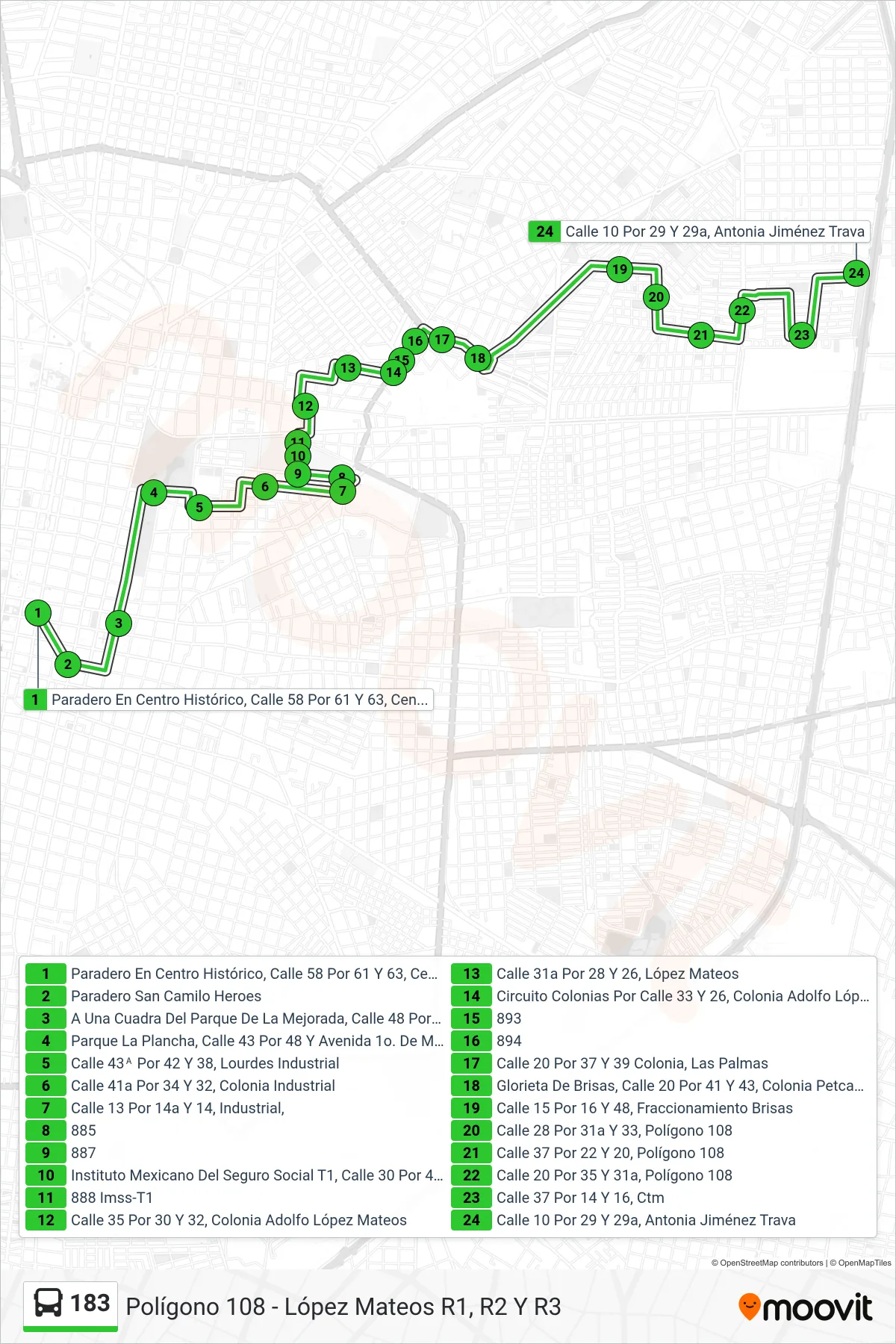 Recorrido y paradas de la línea 183 de autobús (Polígono 108 - López Mateos R1, R2 Y R3) en el mapa