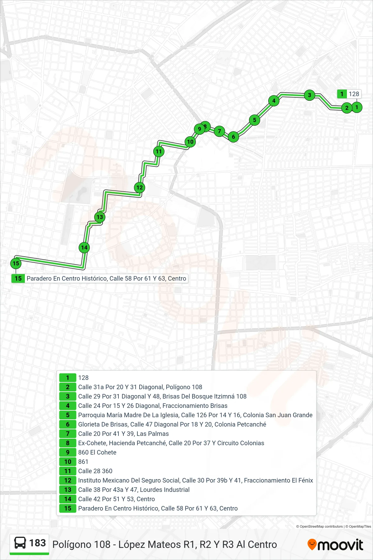 Recorrido y paradas de la línea 183 de autobús (Polígono 108 - López Mateos R1, R2 Y R3 Al Centro) en el mapa