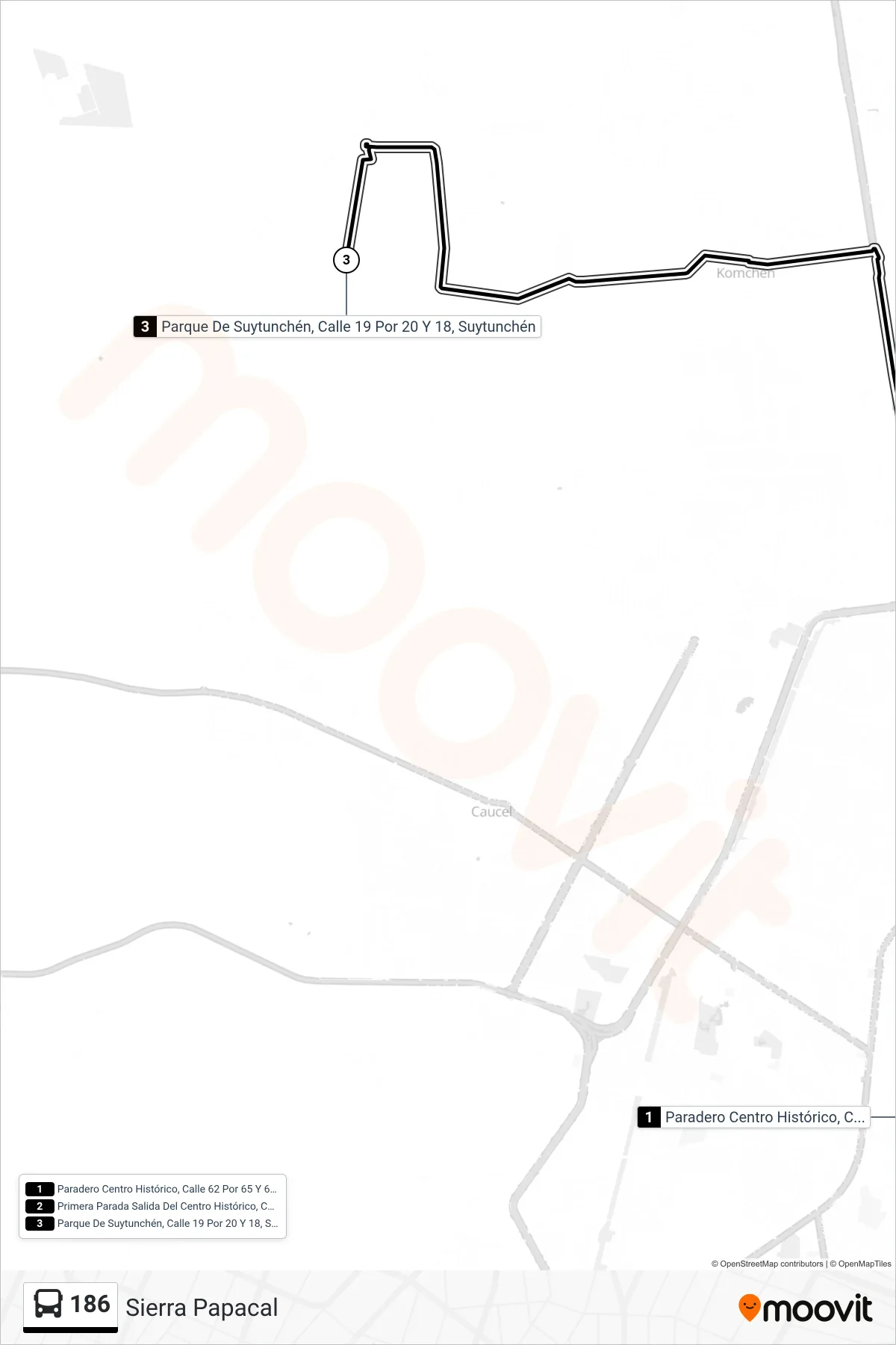 186 bus Line (Sierra Papacal) route and stops on a map