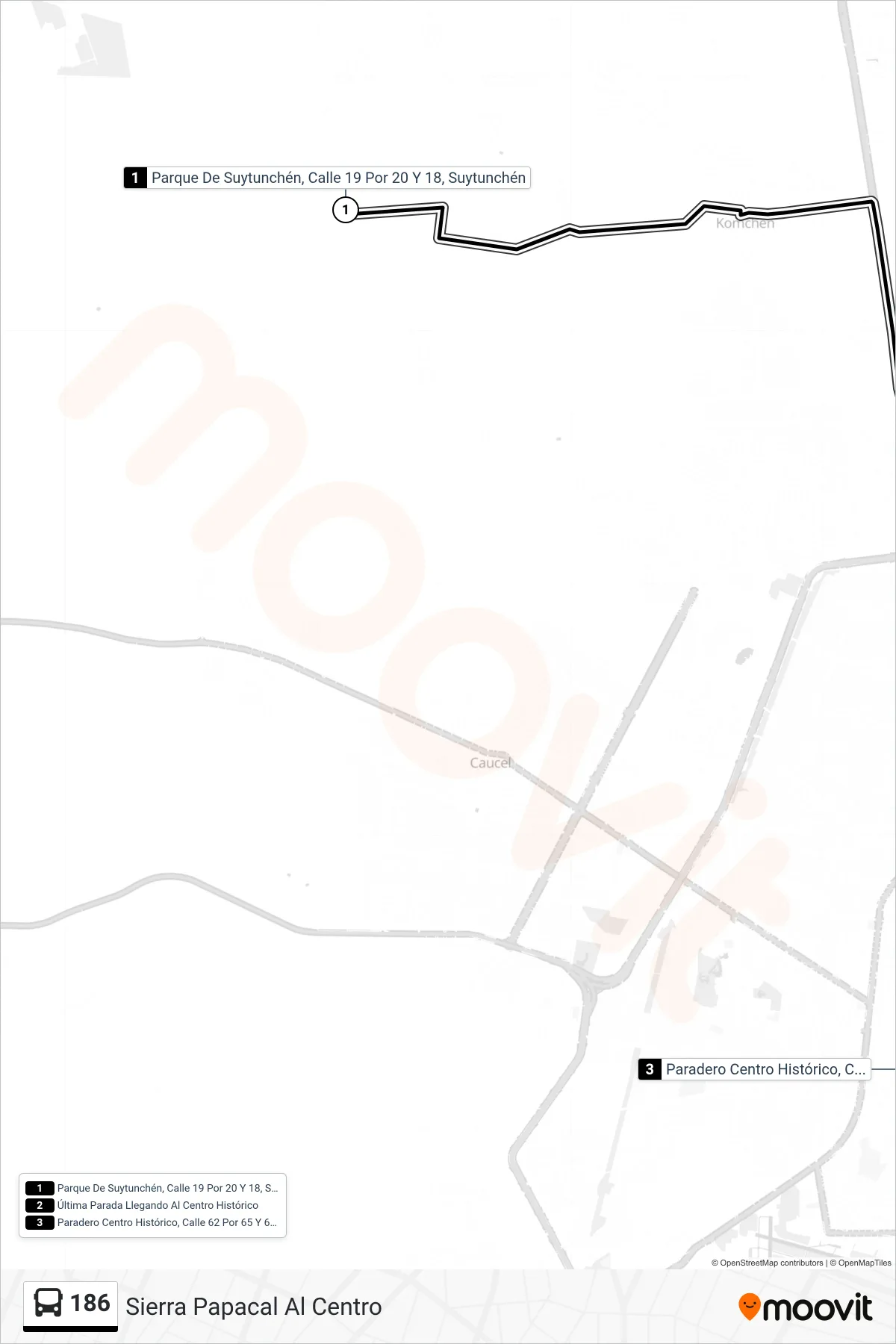 186 bus Line (Sierra Papacal Al Centro) route and stops on a map