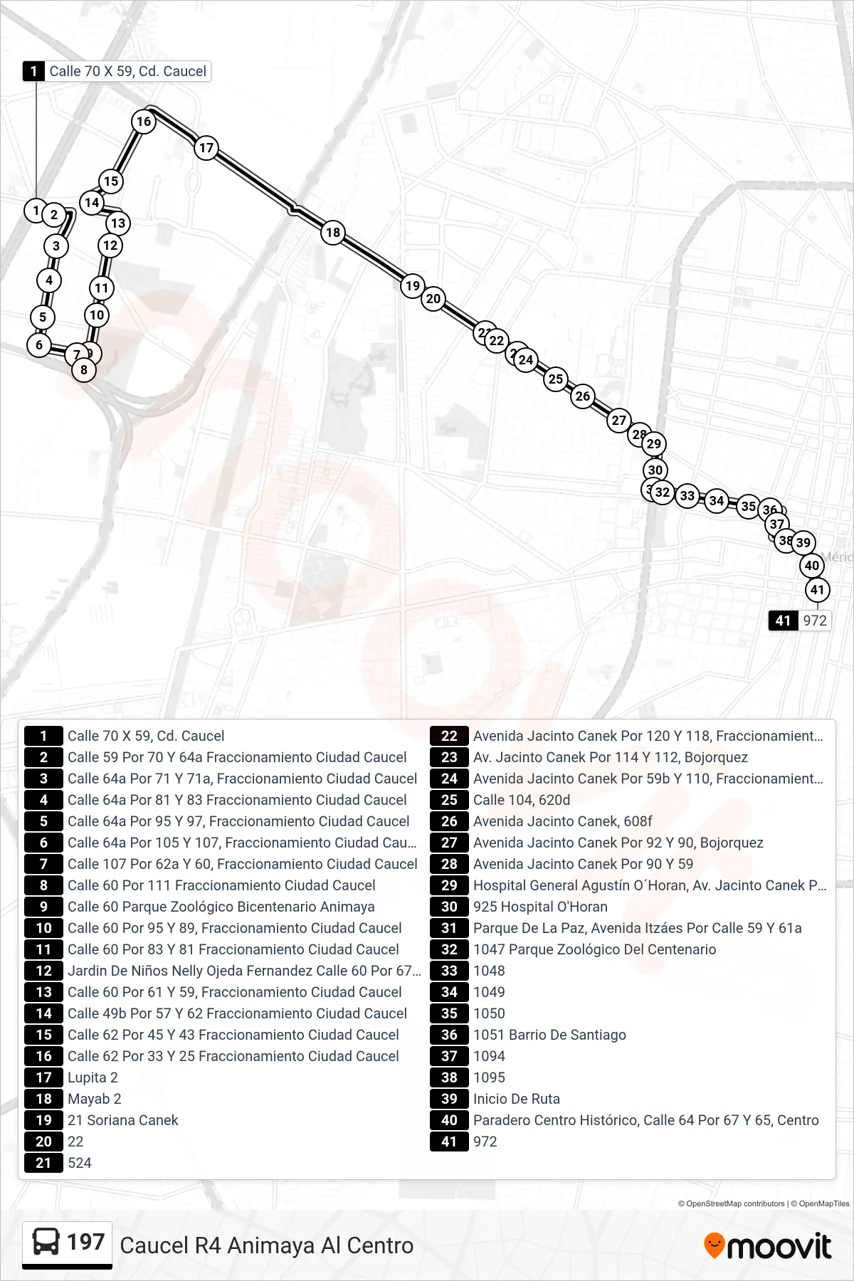 197 bus Line (Caucel R4 Animaya Al Centro) route and stops on a map
