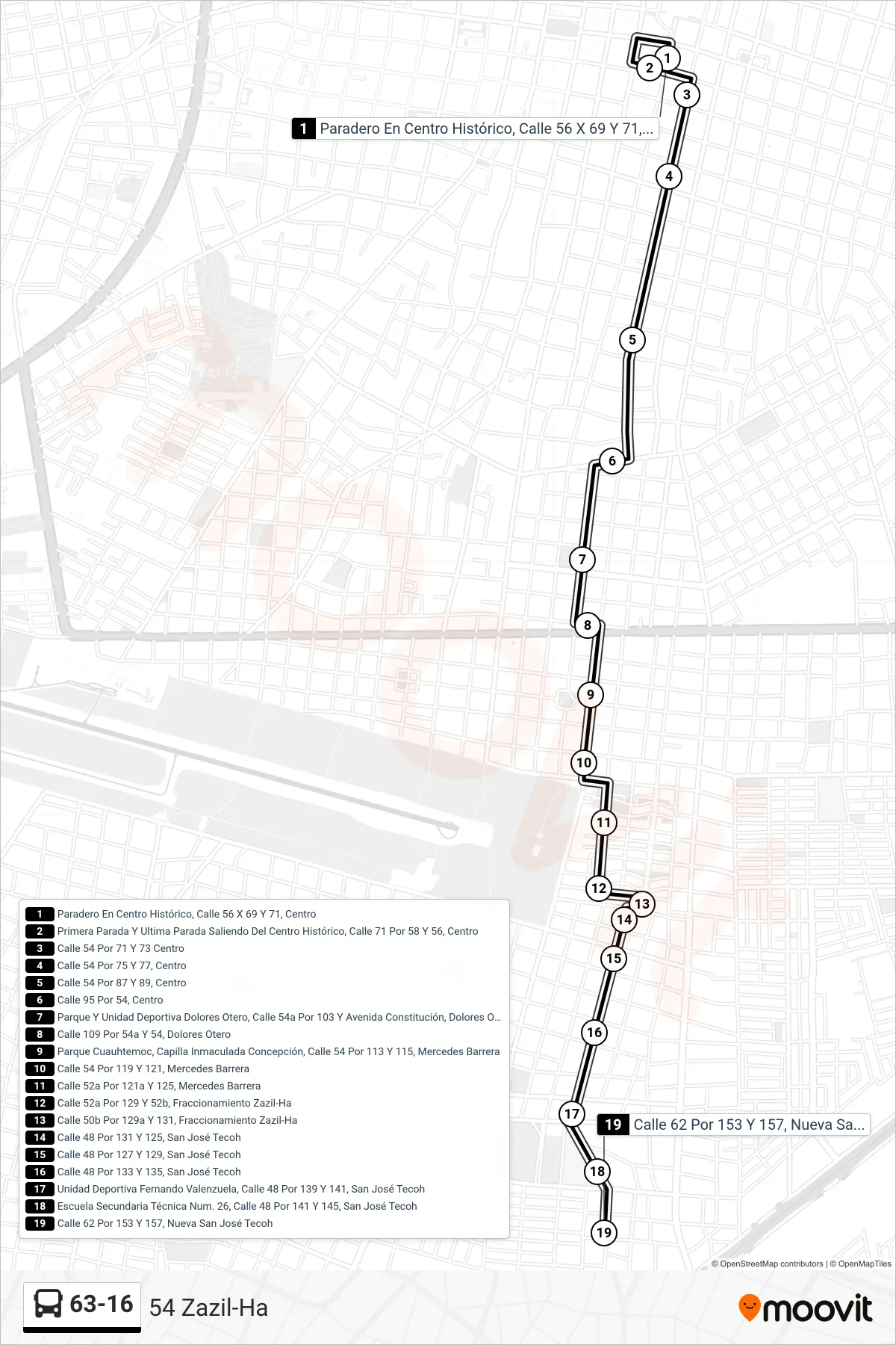 63-16 bus Line (54 Zazil-Ha) route and stops on a map