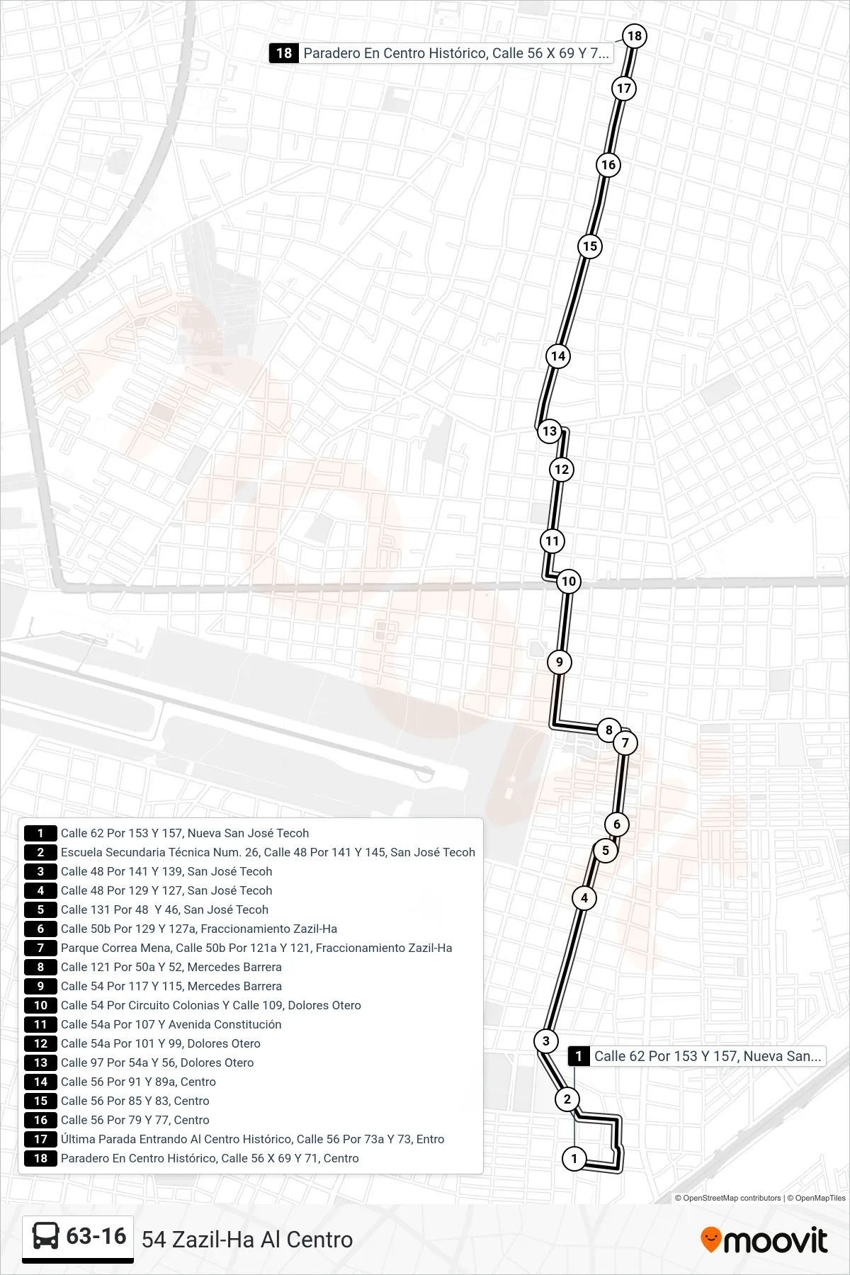 63-16 bus Line (54 Zazil-Ha Al Centro) route and stops on a map