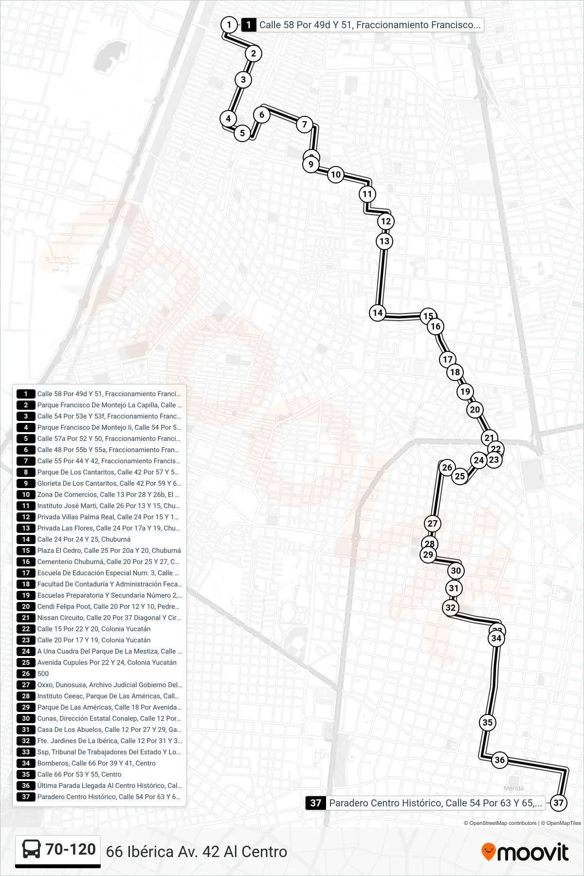 70-120 bus Line (66 Ibérica Av. 42 Al Centro) route and stops on a map