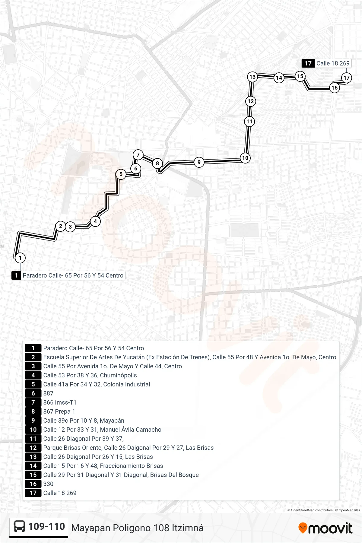 109-110 bus Line (Mayapan Poligono 108 Itzimná) route and stops on a map