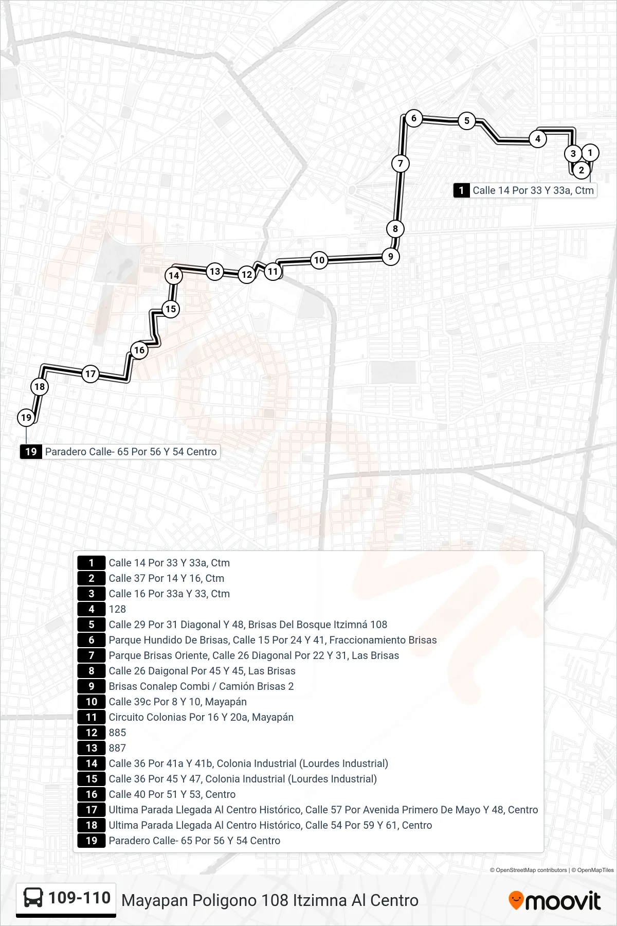 109-110 bus Line (Mayapan Poligono 108 Itzimna Al Centro) route and stops on a map