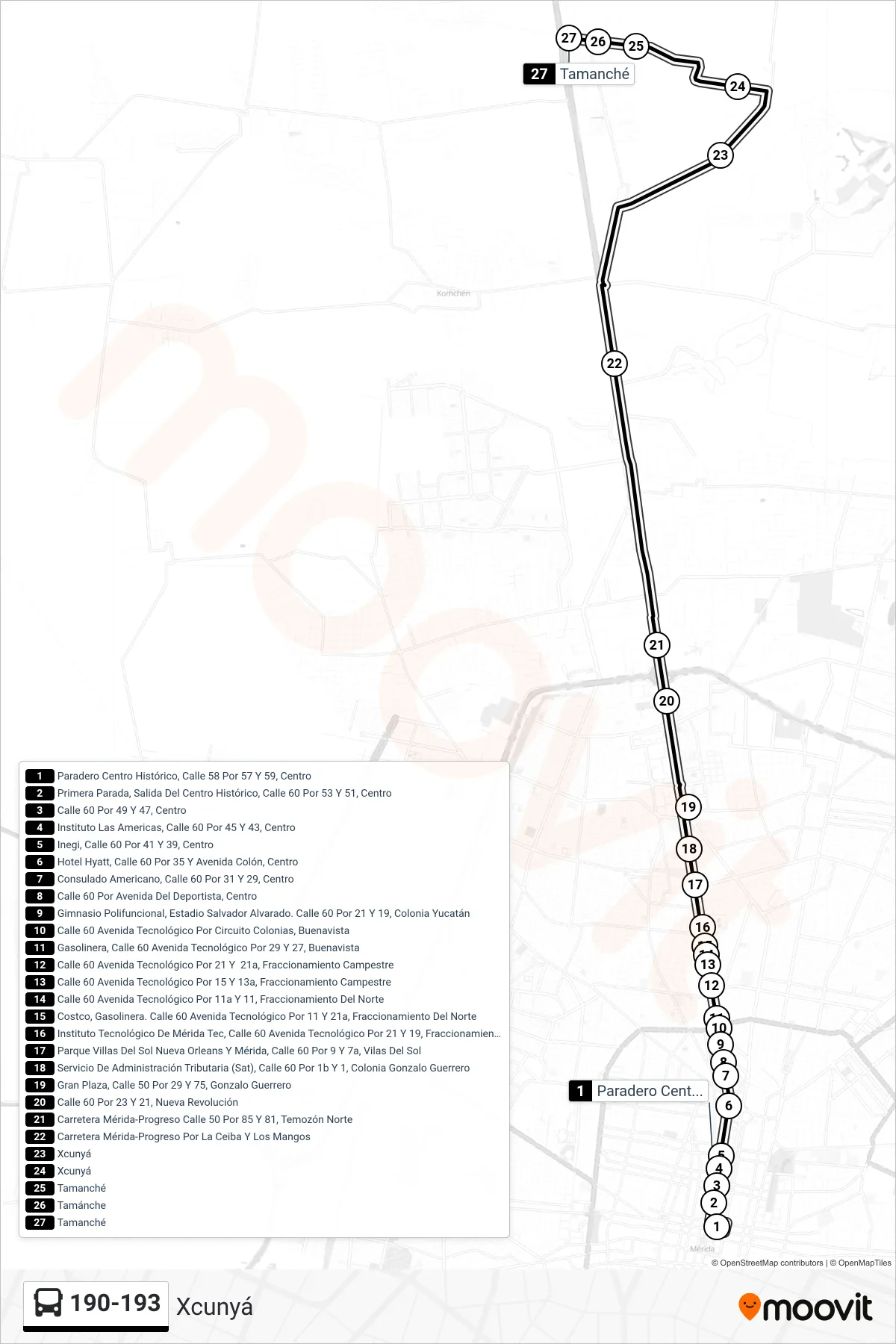 190-193 bus Line (Xcunyá) route and stops on a map