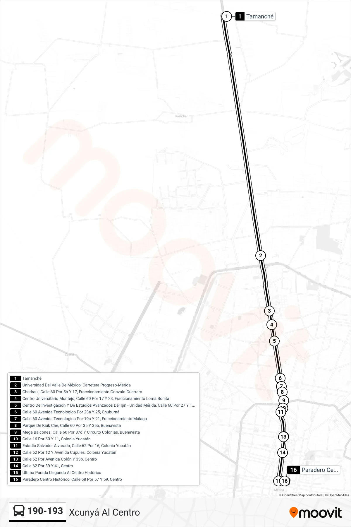 190-193 bus Line (Xcunyá Al Centro) route and stops on a map
