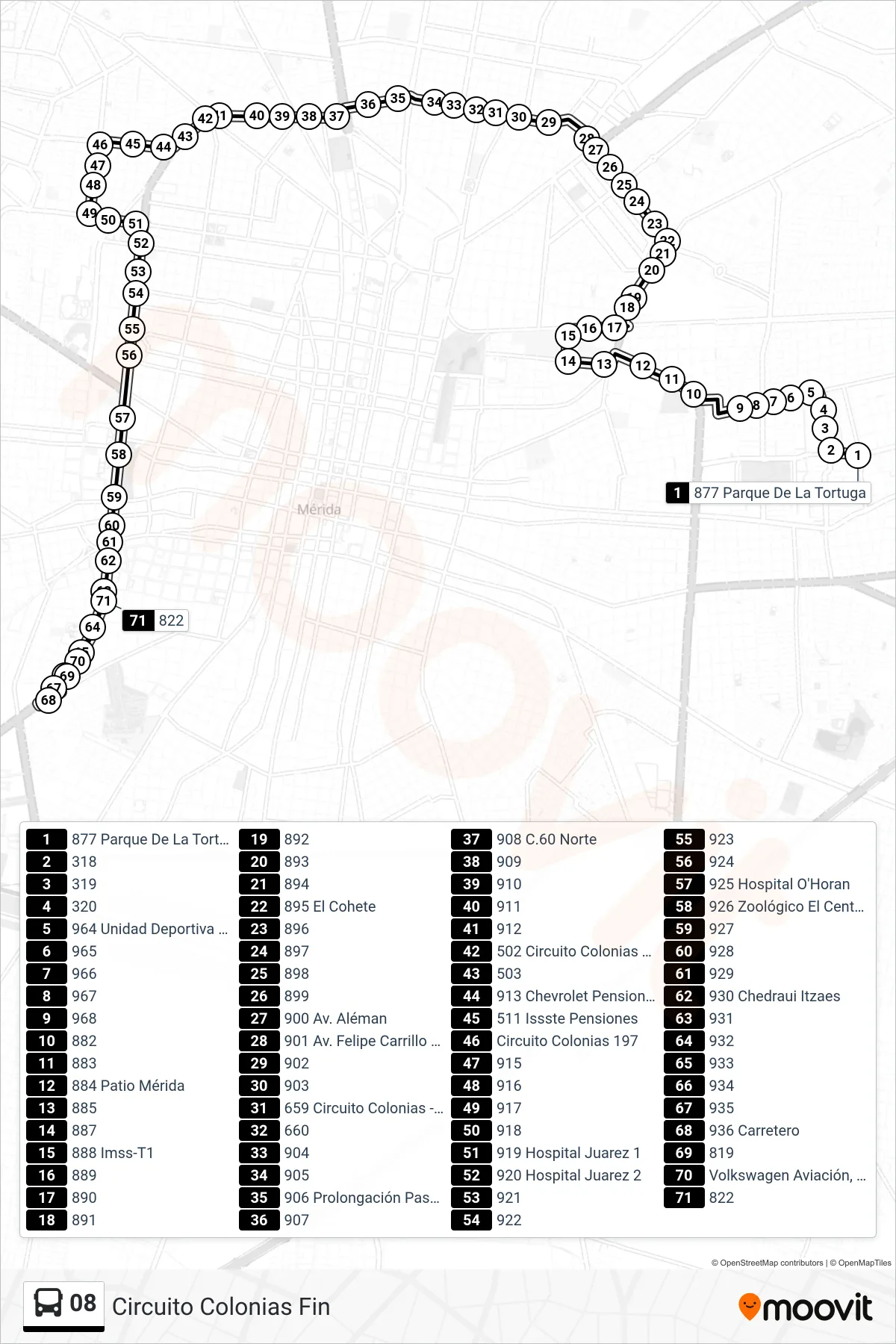 08 bus Line (Circuito Colonias Fin) route and stops on a map