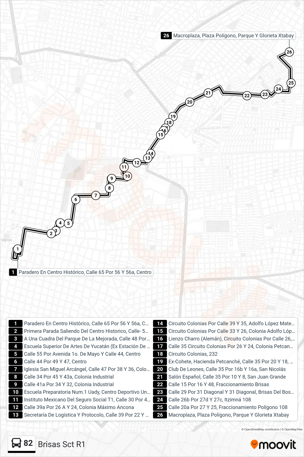 Recorrido y paradas de la línea 82 de autobús (Brisas Sct R1) en el mapa
