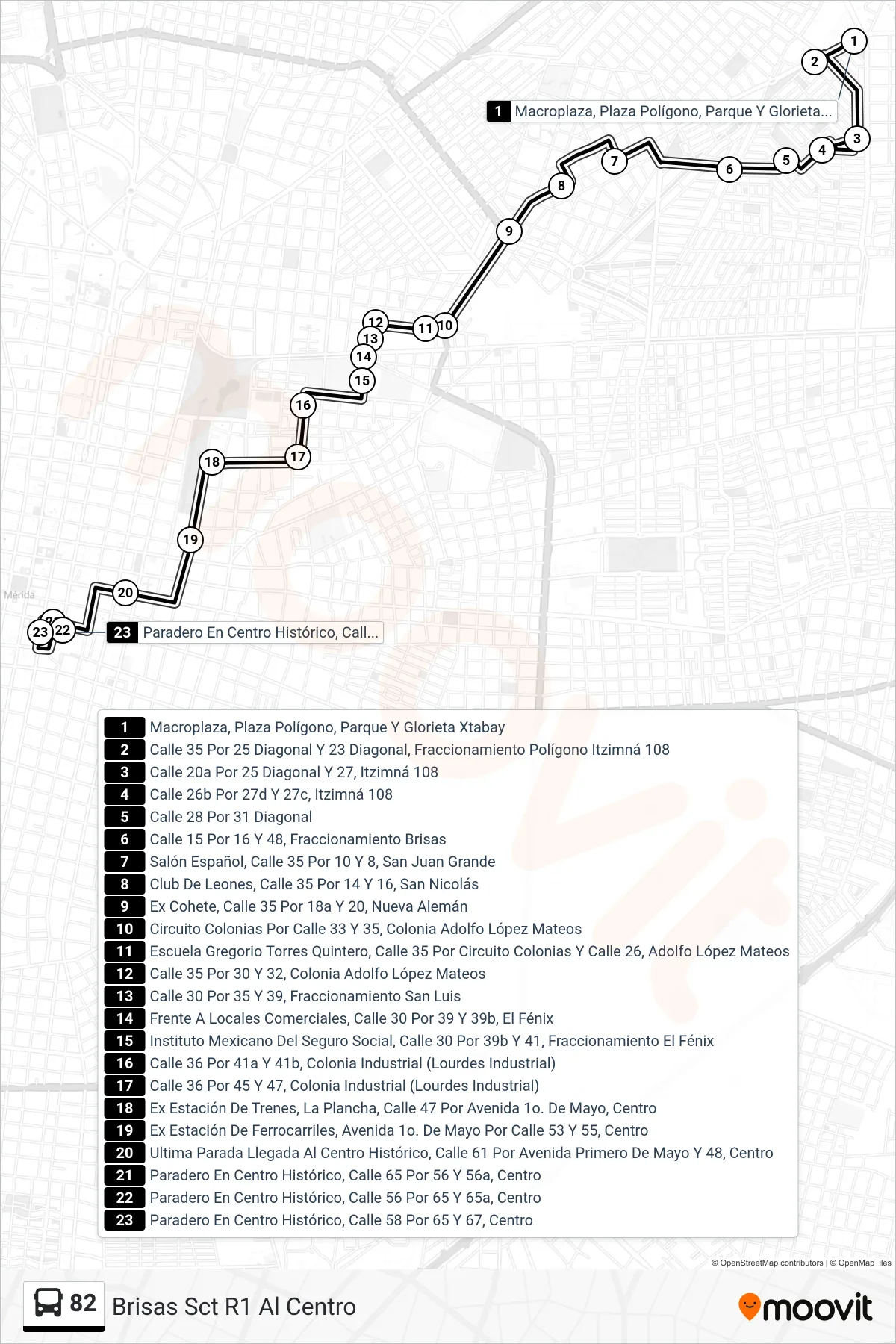 Recorrido y paradas de la línea 82 de autobús (Brisas Sct R1 Al Centro) en el mapa