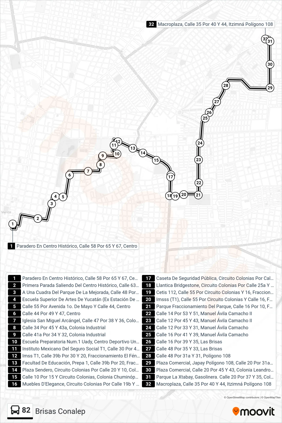 82 bus Line (Brisas Conalep) route and stops on a map