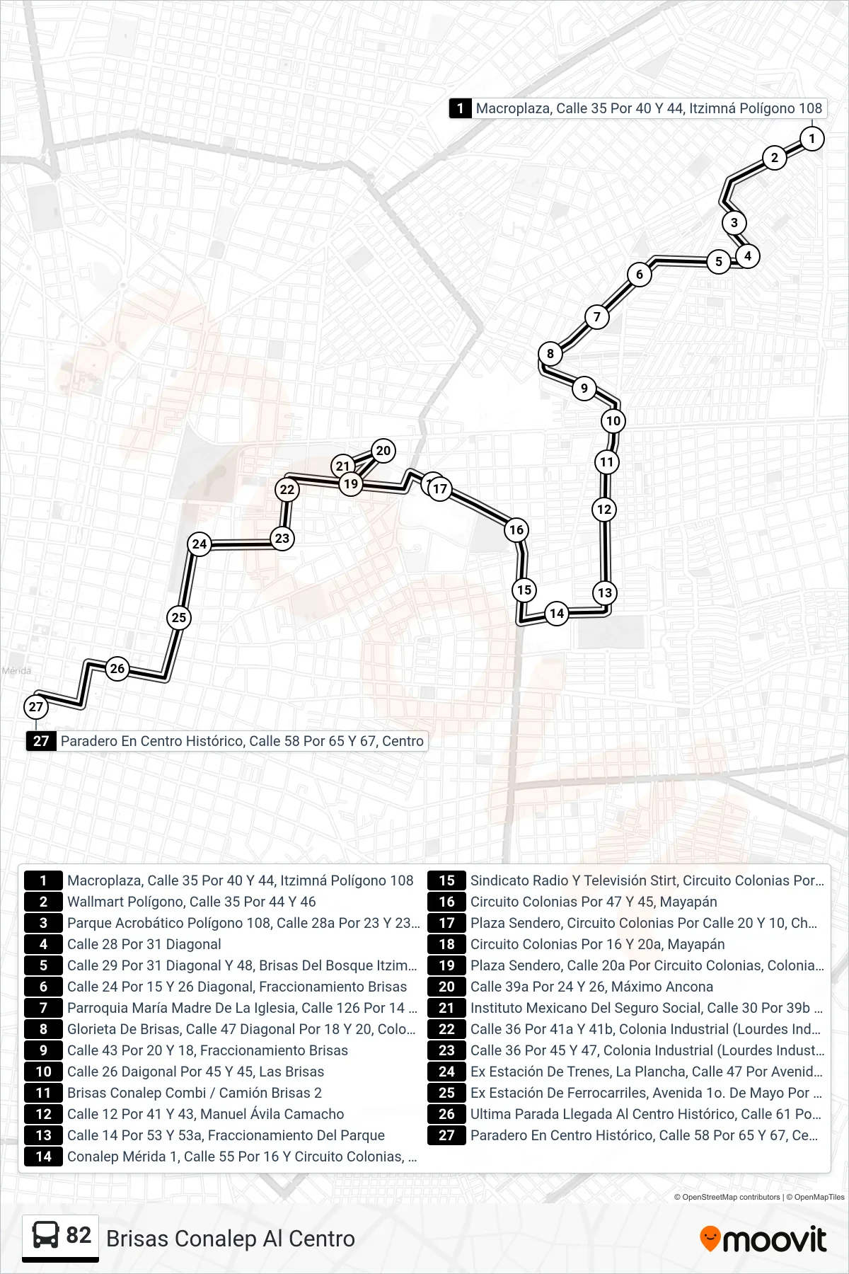 Recorrido y paradas de la línea 82 de autobús (Brisas Conalep Al Centro) en el mapa