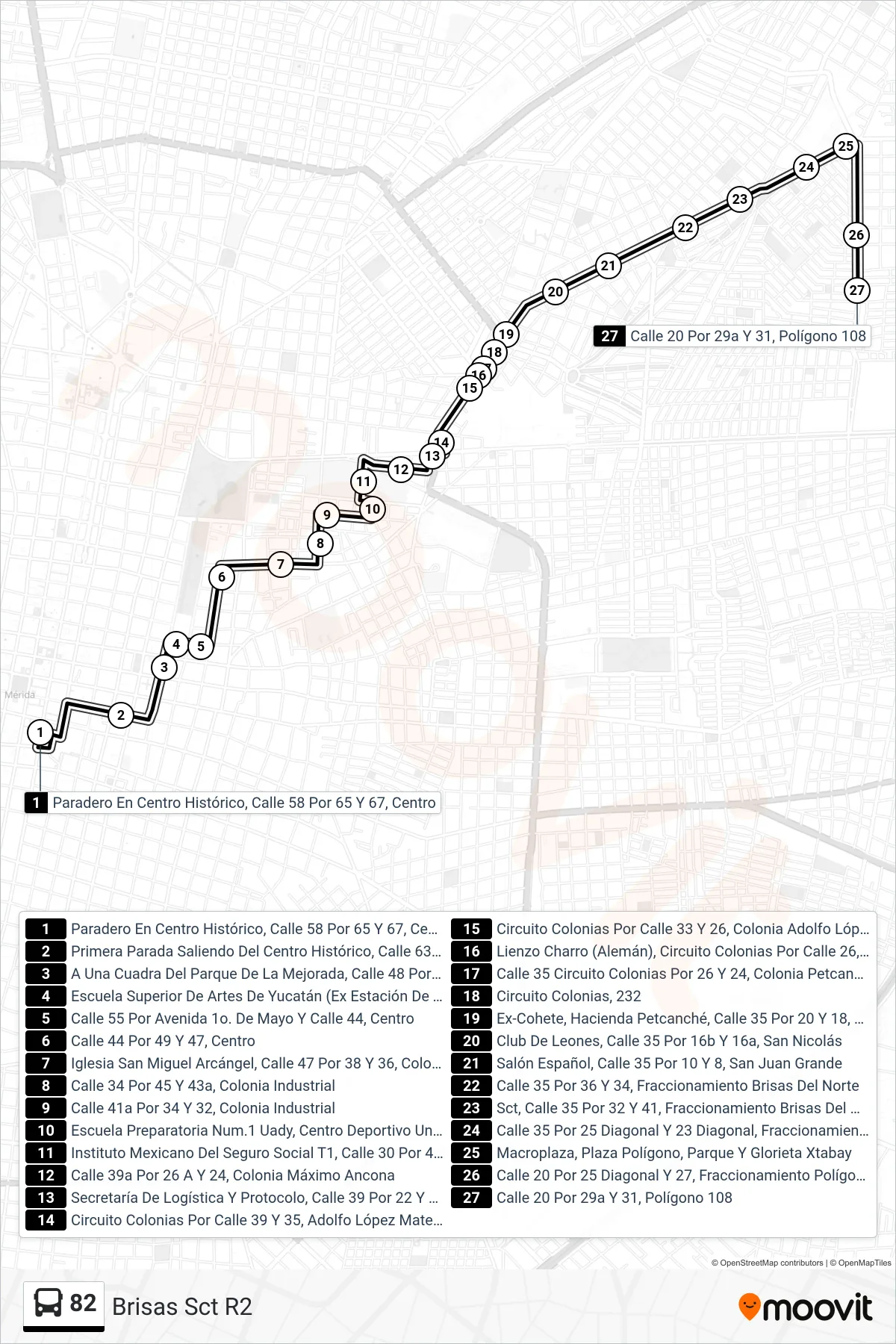82 bus Line (Brisas Sct R2) route and stops on a map