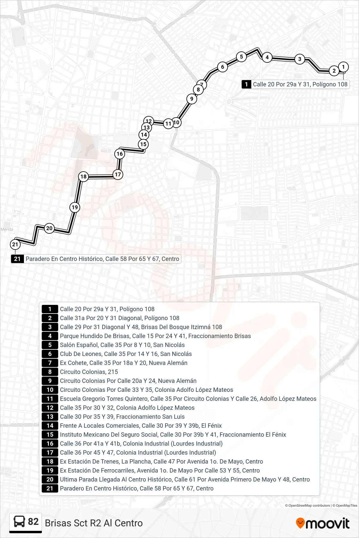 Recorrido y paradas de la línea 82 de autobús (Brisas Sct  R2 Al Centro) en el mapa