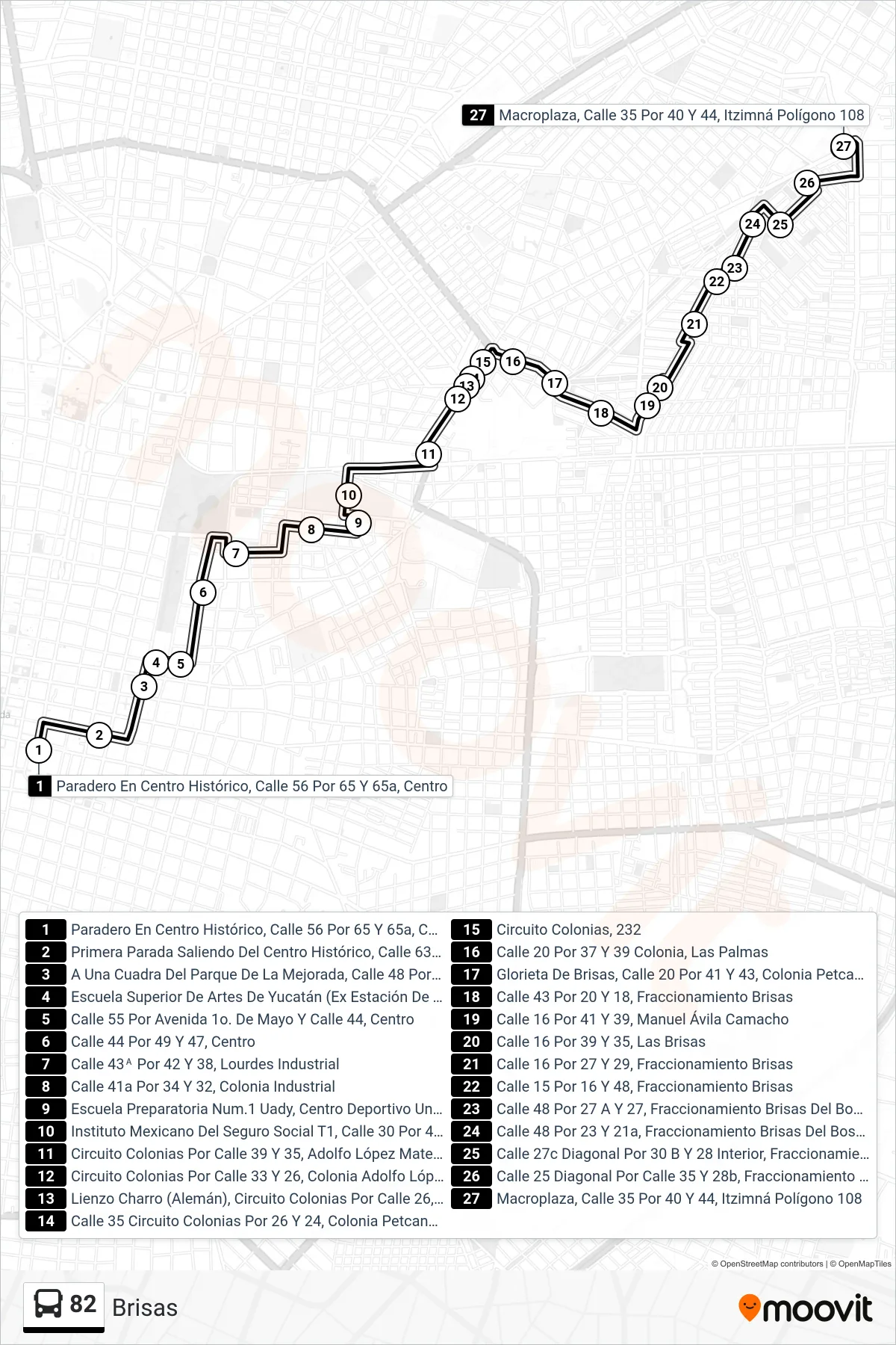 Recorrido y paradas de la línea 82 de autobús (Brisas) en el mapa