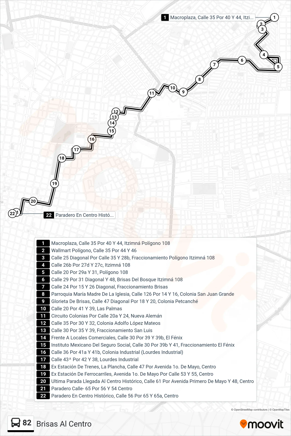 Recorrido y paradas de la línea 82 de autobús (Brisas Al Centro) en el mapa