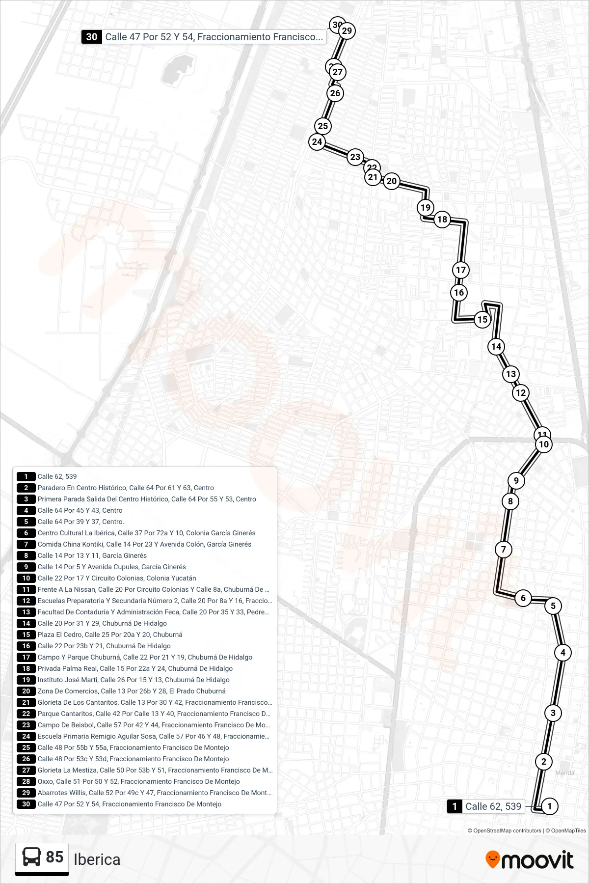 Recorrido y paradas de la línea 85 de autobús (Iberica) en el mapa