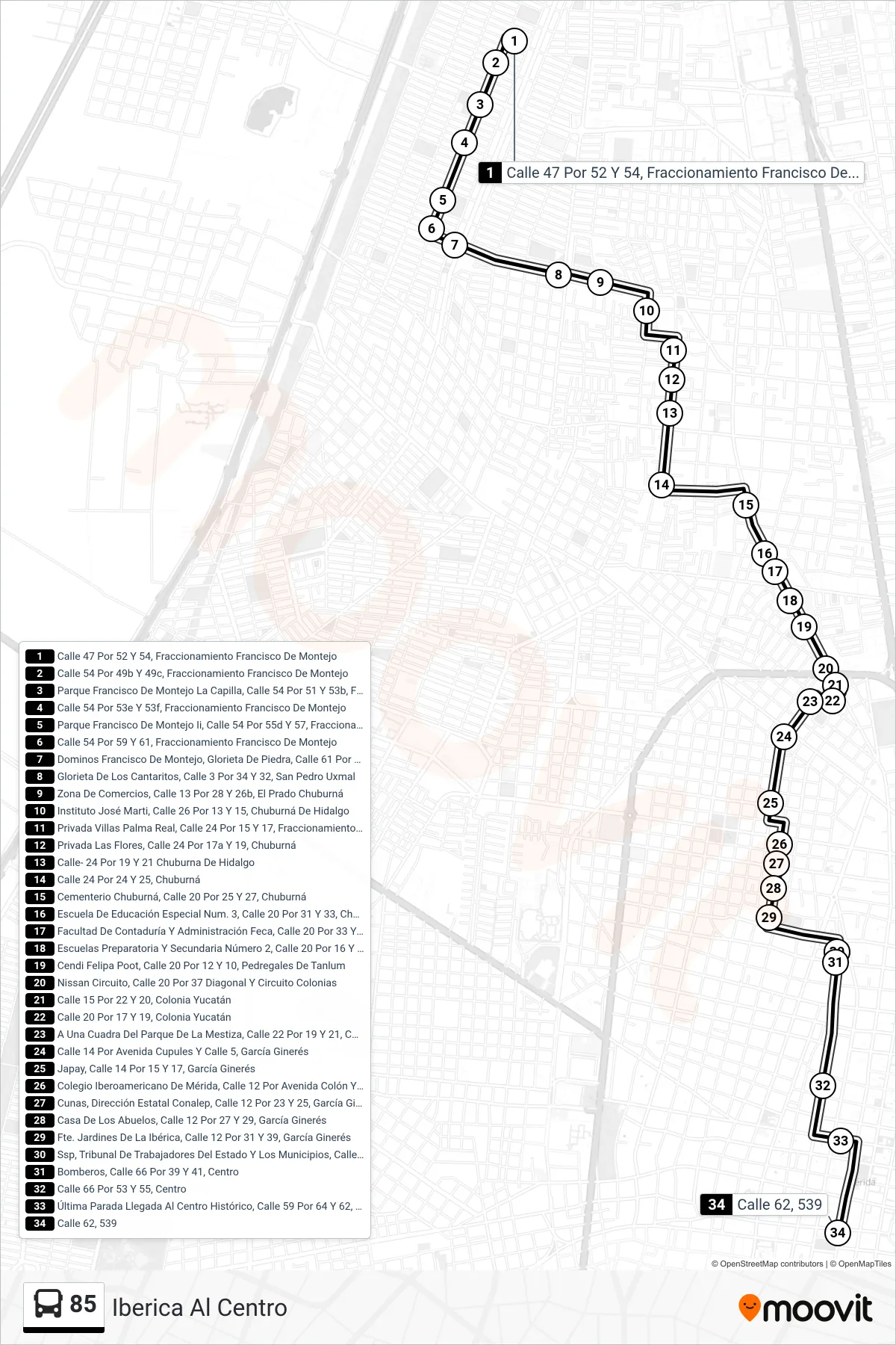 Recorrido y paradas de la línea 85 de autobús (Iberica Al Centro) en el mapa