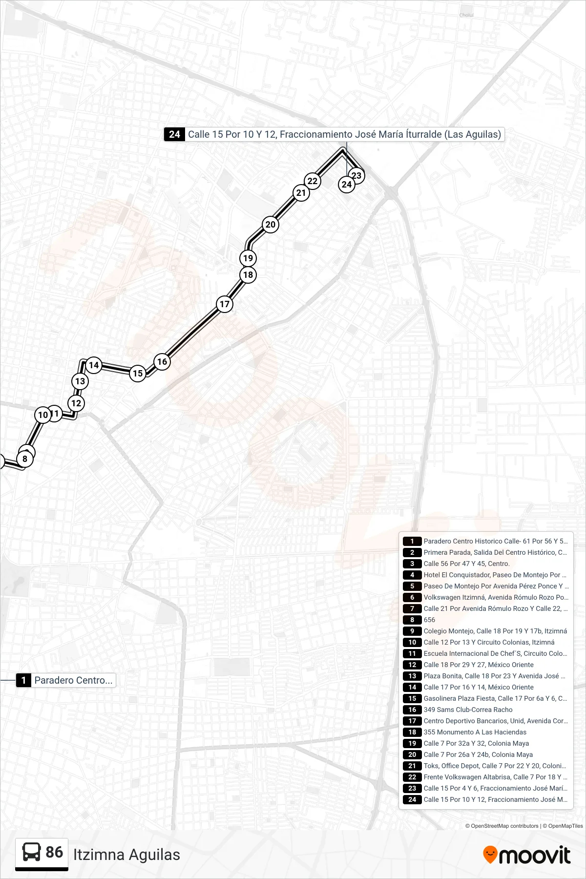 Recorrido y paradas de la línea 86 de autobús (Itzimna Aguilas) en el mapa