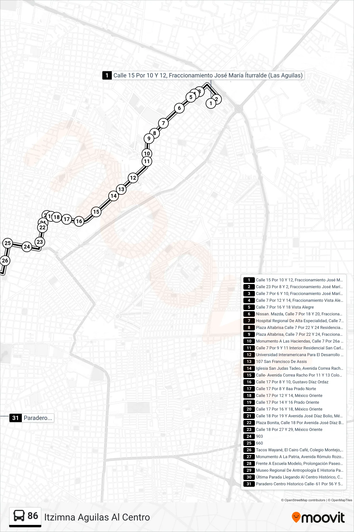 Recorrido y paradas de la línea 86 de autobús (Itzimna Aguilas Al Centro) en el mapa