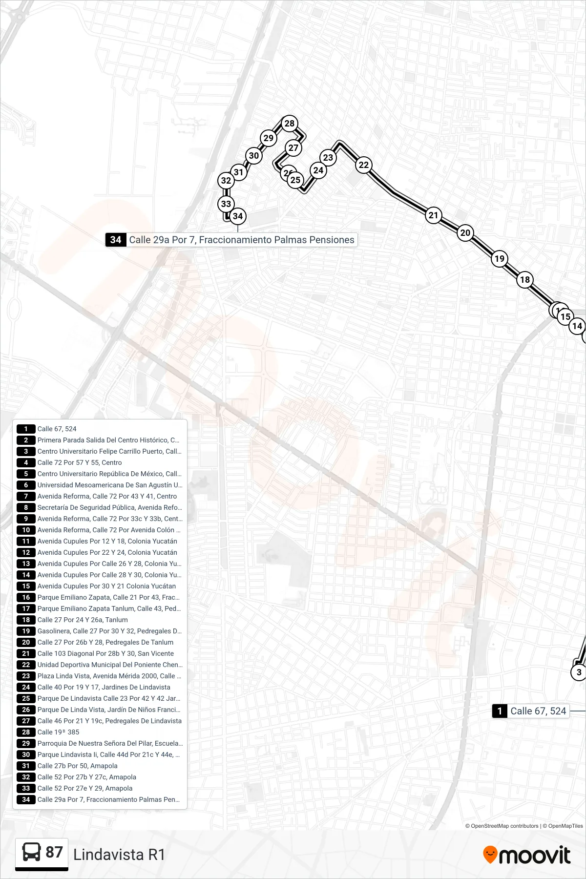 Recorrido y paradas de la línea 87 de autobús (Lindavista R1) en el mapa