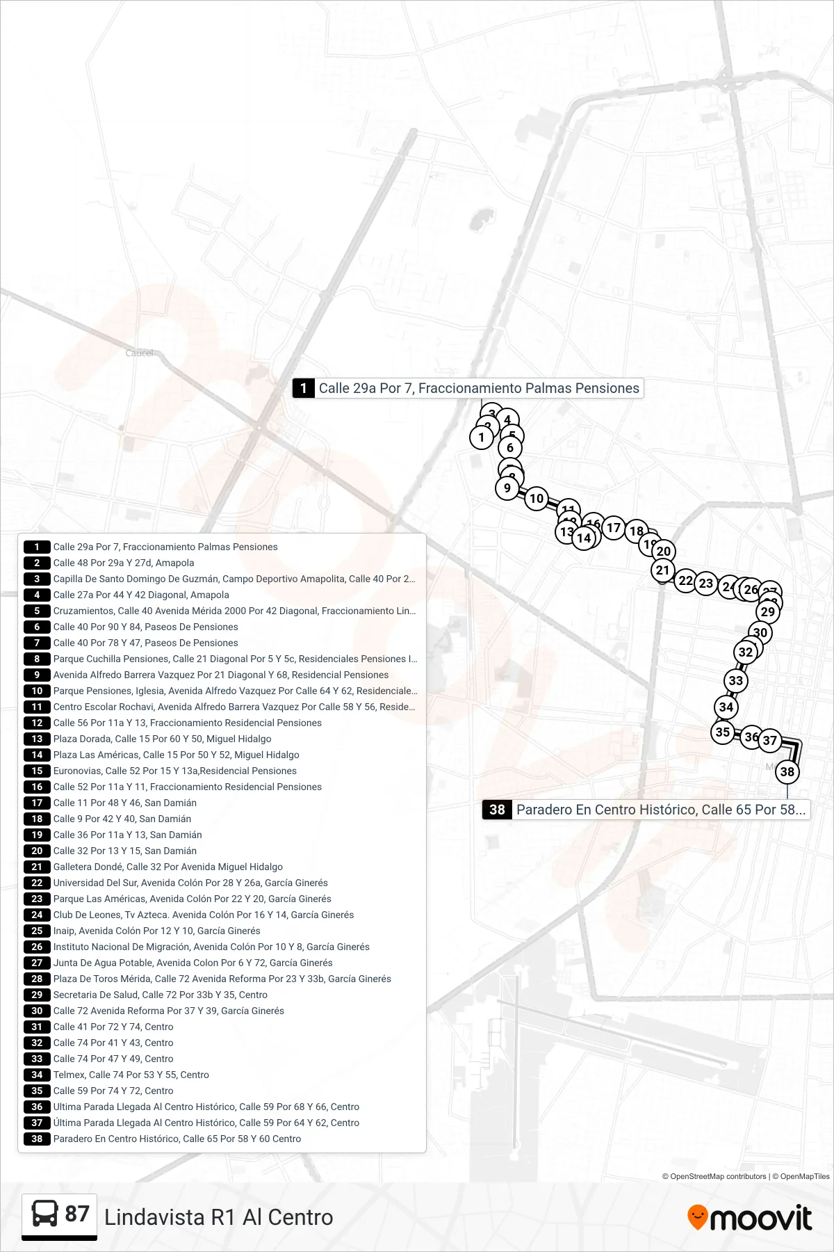 Recorrido y paradas de la línea 87 de autobús (Lindavista R1 Al Centro) en el mapa