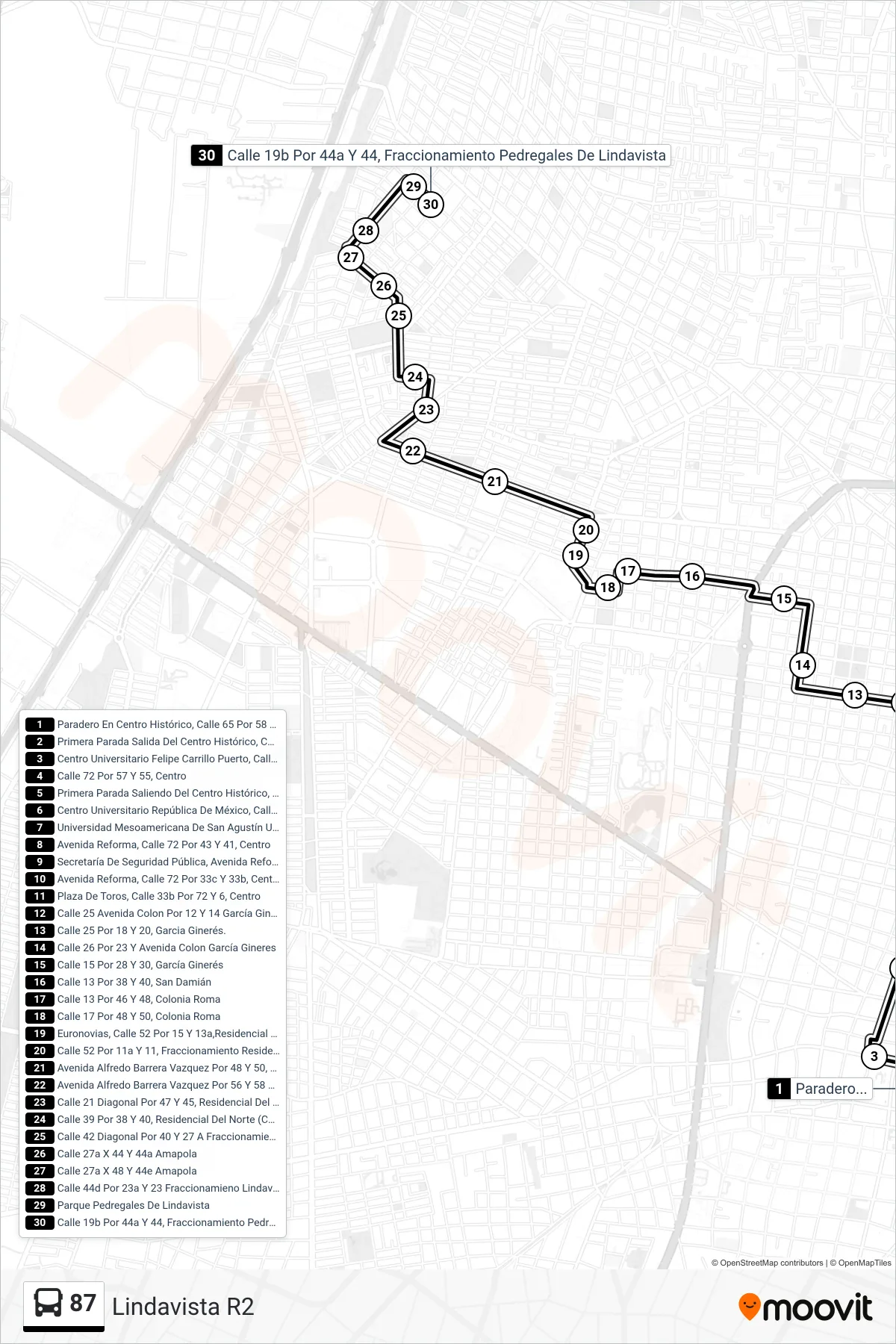 Recorrido y paradas de la línea 87 de autobús (Lindavista R2) en el mapa