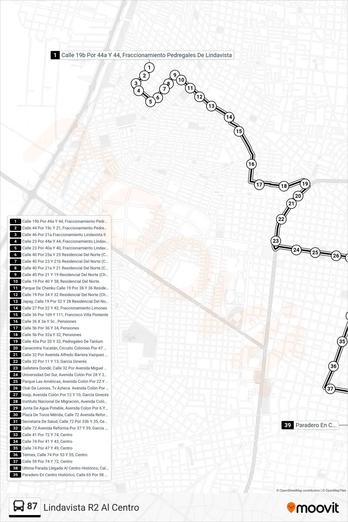 Recorrido y paradas de la línea 87 de autobús (Lindavista R2 Al Centro) en el mapa