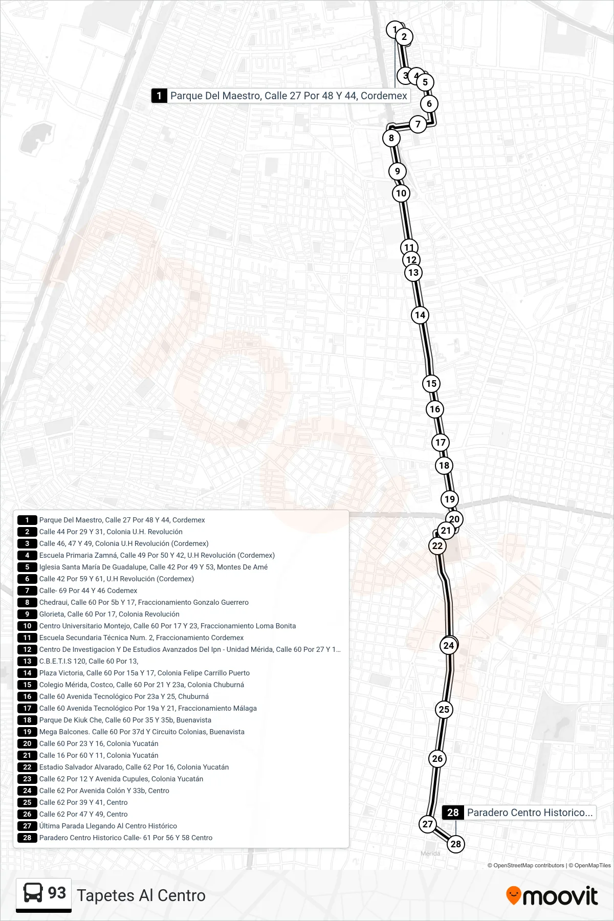 93 bus Line (Tapetes Al Centro) route and stops on a map