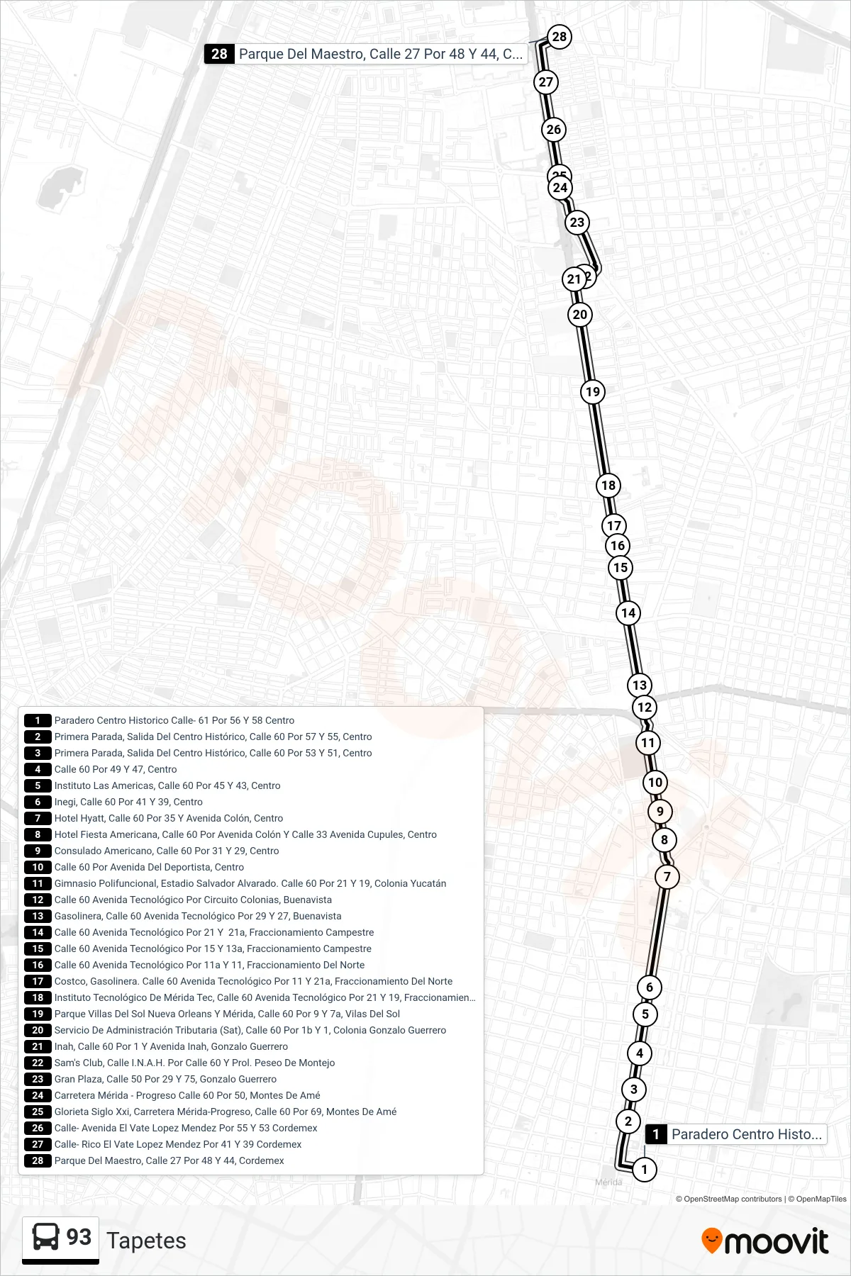 Recorrido y paradas de la línea 93 de autobús (Tapetes) en el mapa