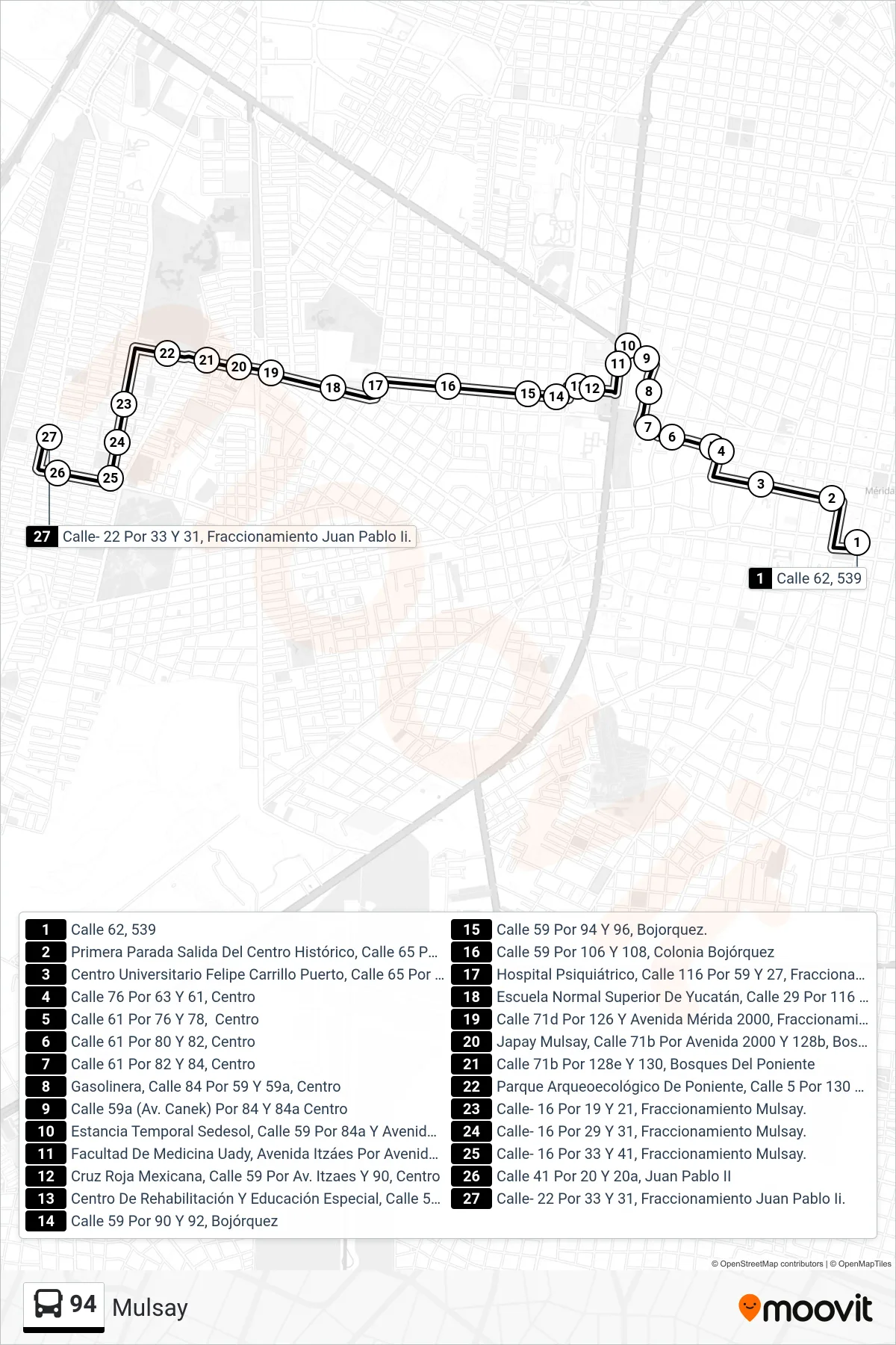 Recorrido y paradas de la línea 94 de autobús (Mulsay) en el mapa