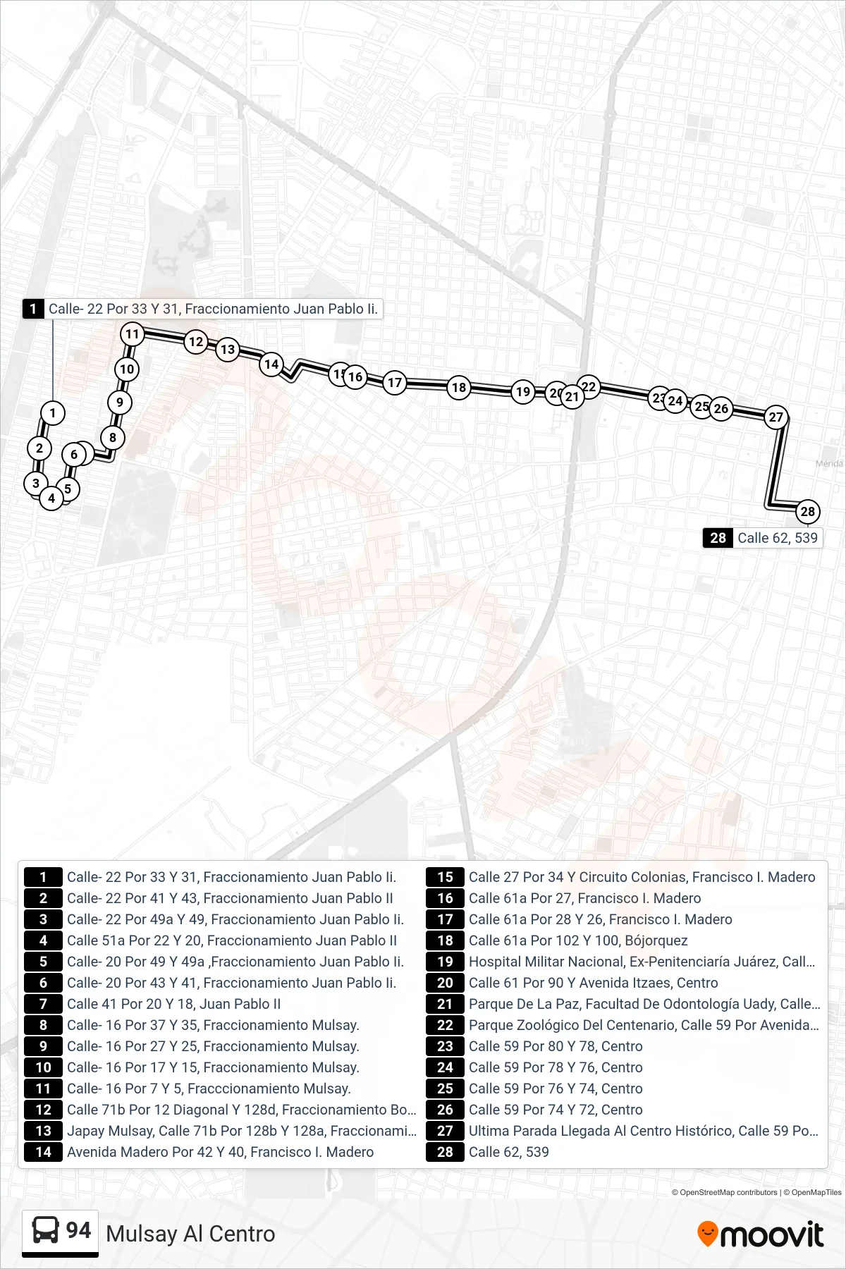Recorrido y paradas de la línea 94 de autobús (Mulsay Al Centro) en el mapa