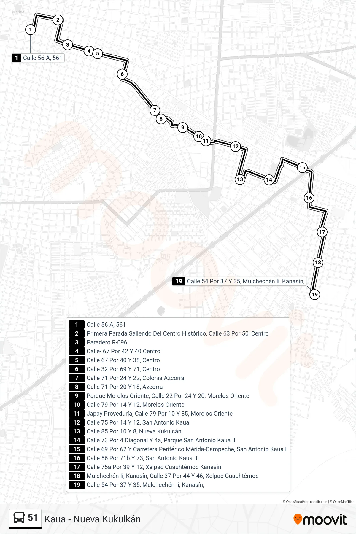 51 bus Line (Kaua - Nueva Kukulkán) route and stops on a map