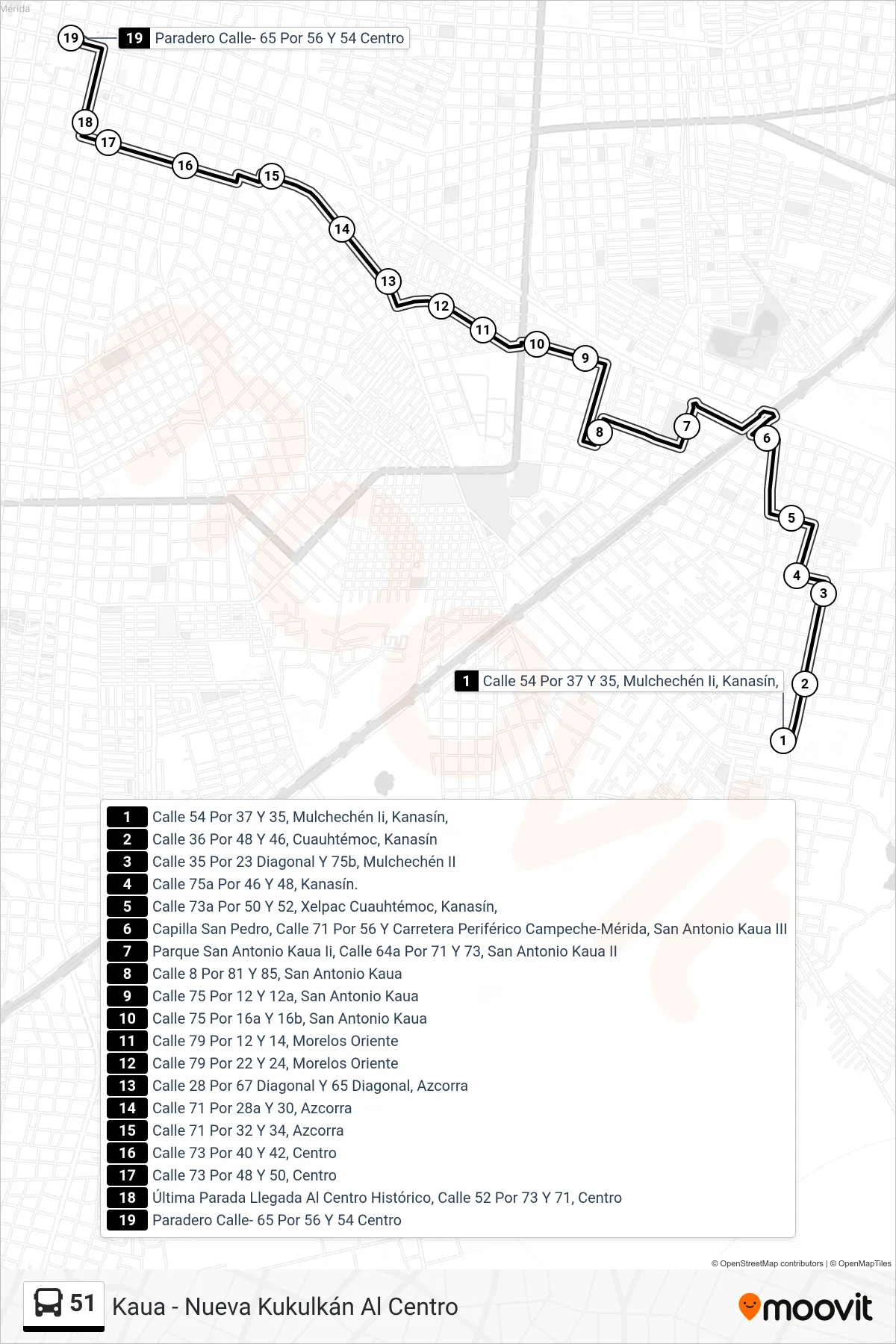 51 bus Line (Kaua - Nueva Kukulkán Al Centro) route and stops on a map