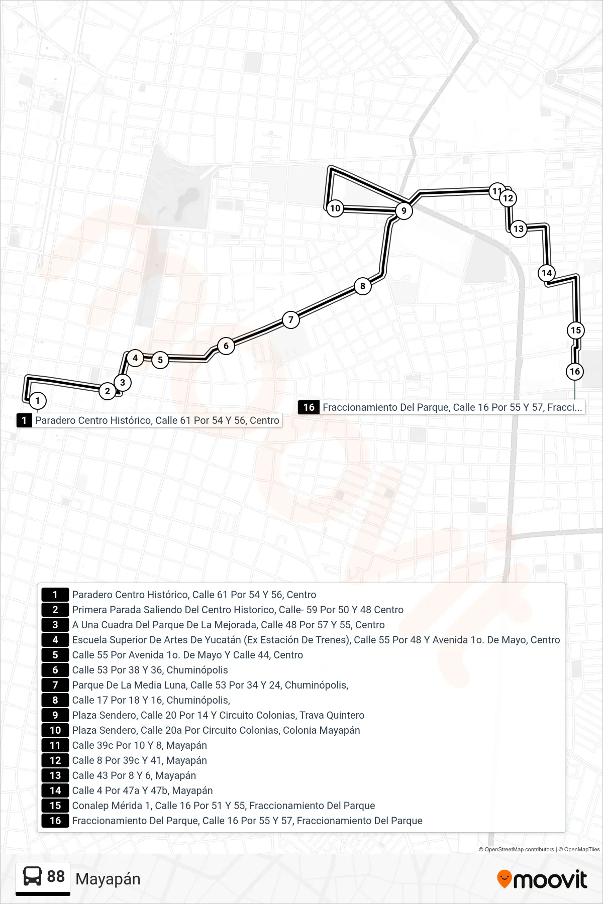 Recorrido y paradas de la línea 88 de autobús (Mayapán) en el mapa