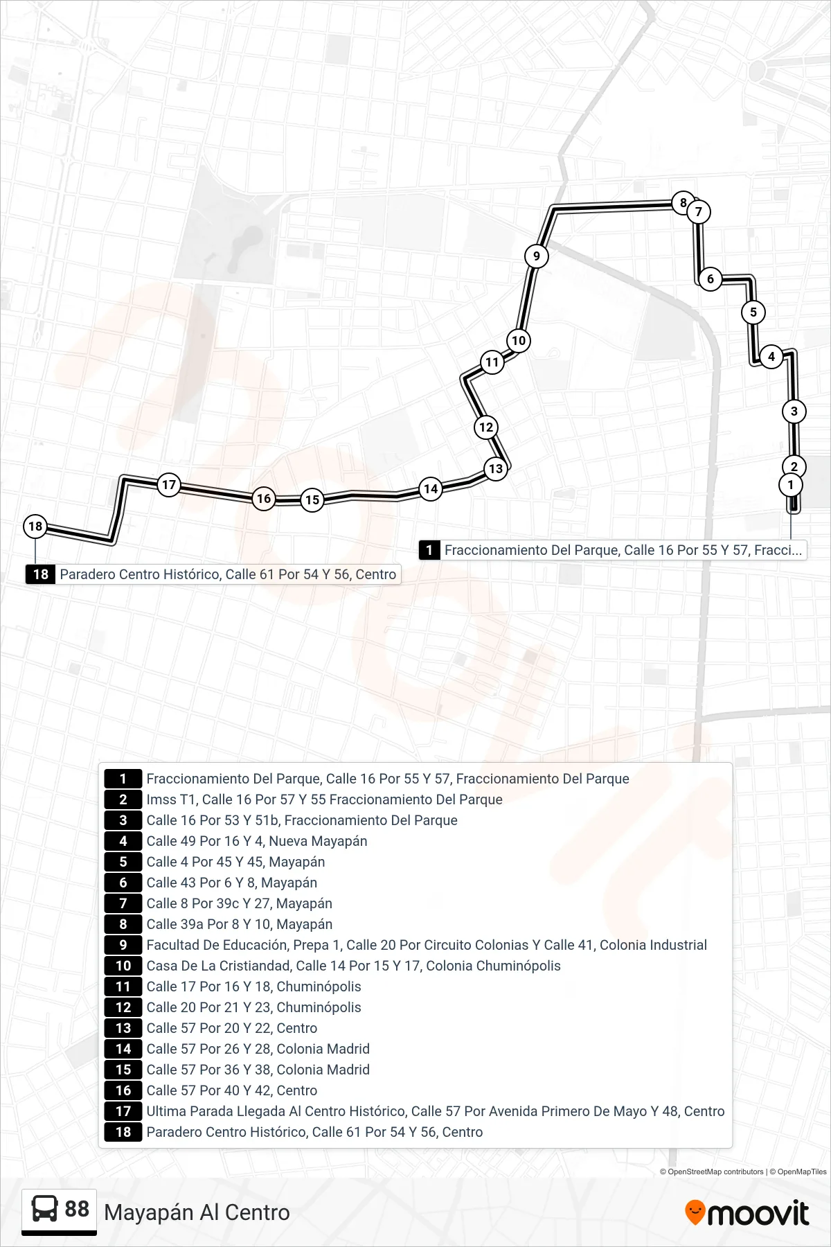 Recorrido y paradas de la línea 88 de autobús (Mayapán Al Centro) en el mapa