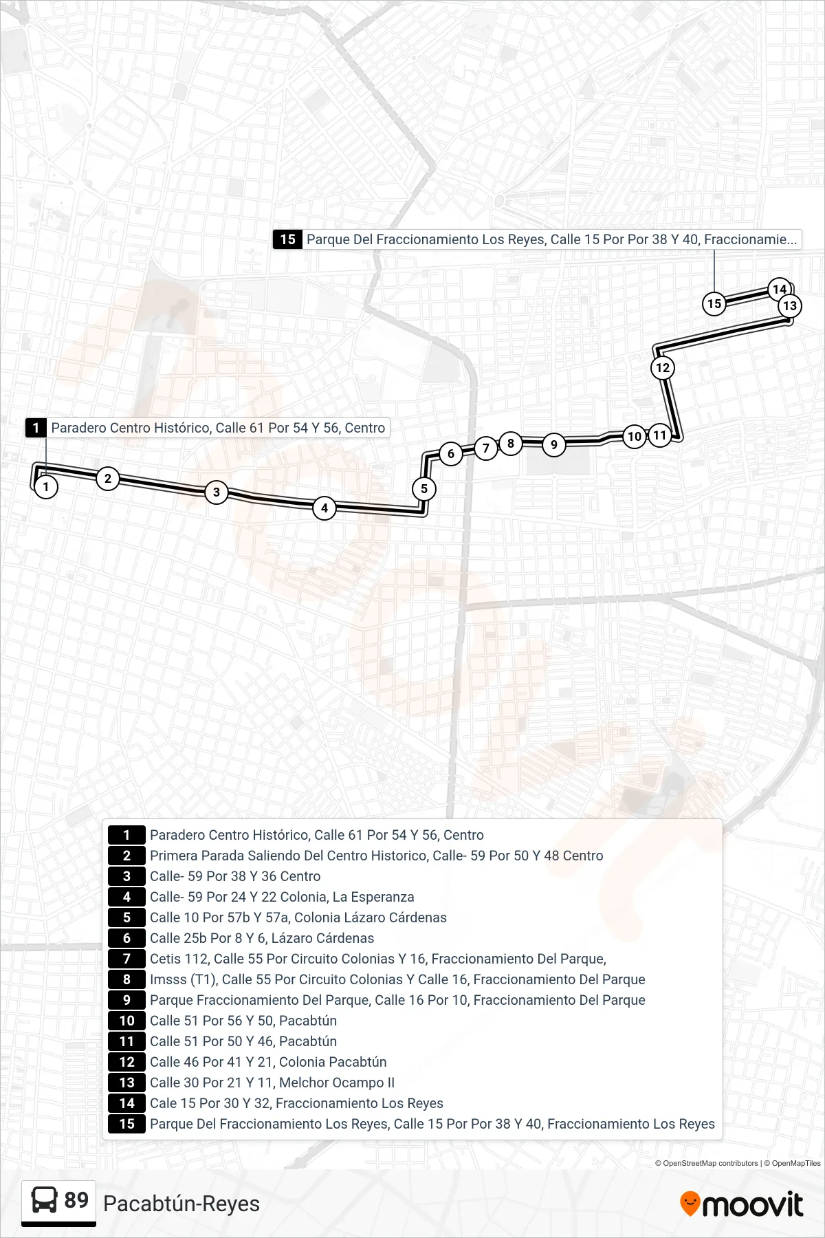 Recorrido y paradas de la línea 89 de autobús (Pacabtún-Reyes) en el mapa