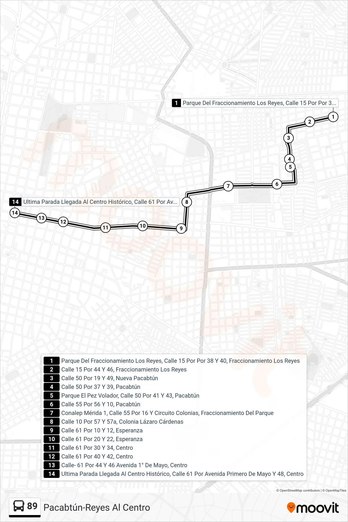 Recorrido y paradas de la línea 89 de autobús (Pacabtún-Reyes Al Centro) en el mapa