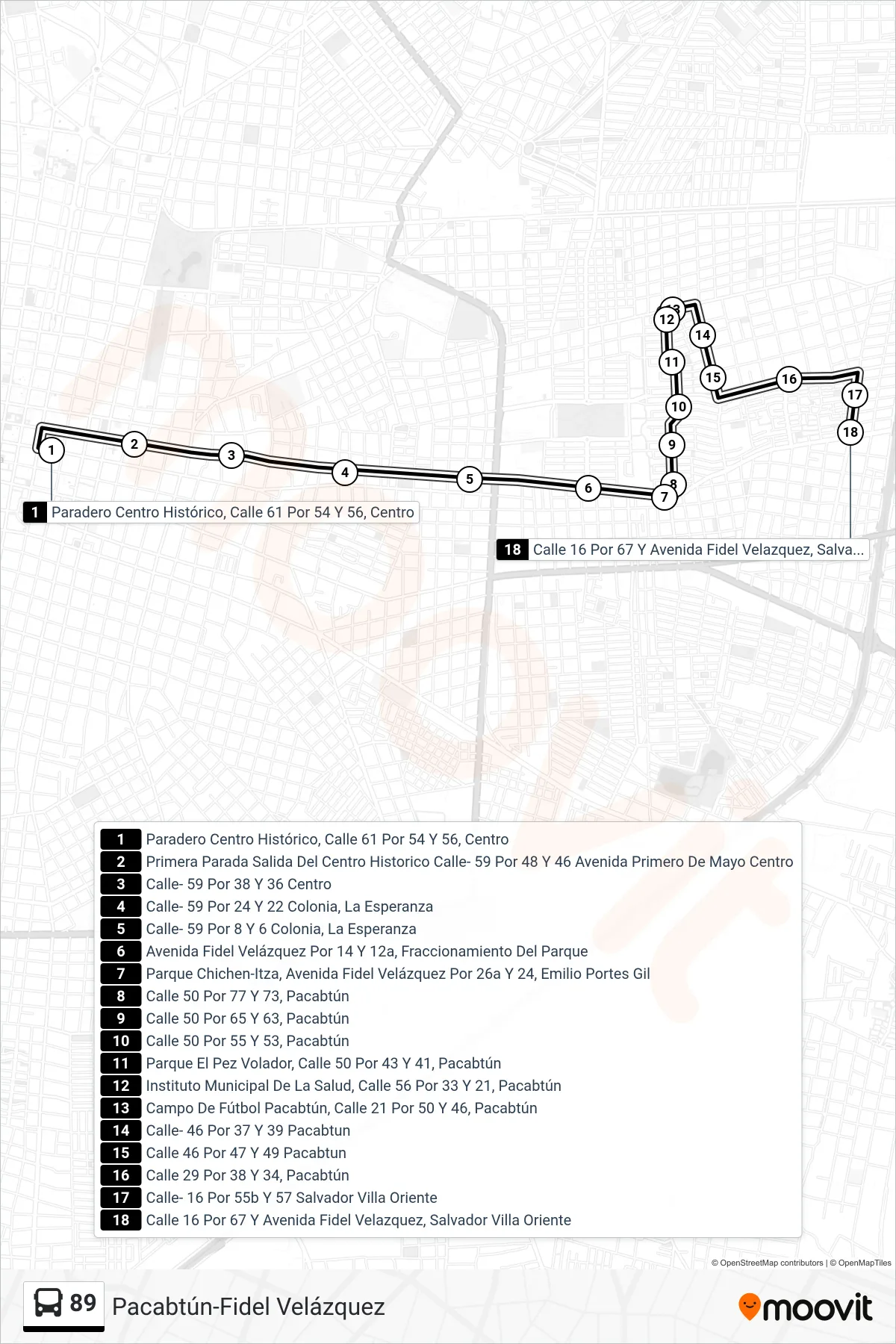 89 bus Line (Pacabtún-Fidel Velázquez) route and stops on a map