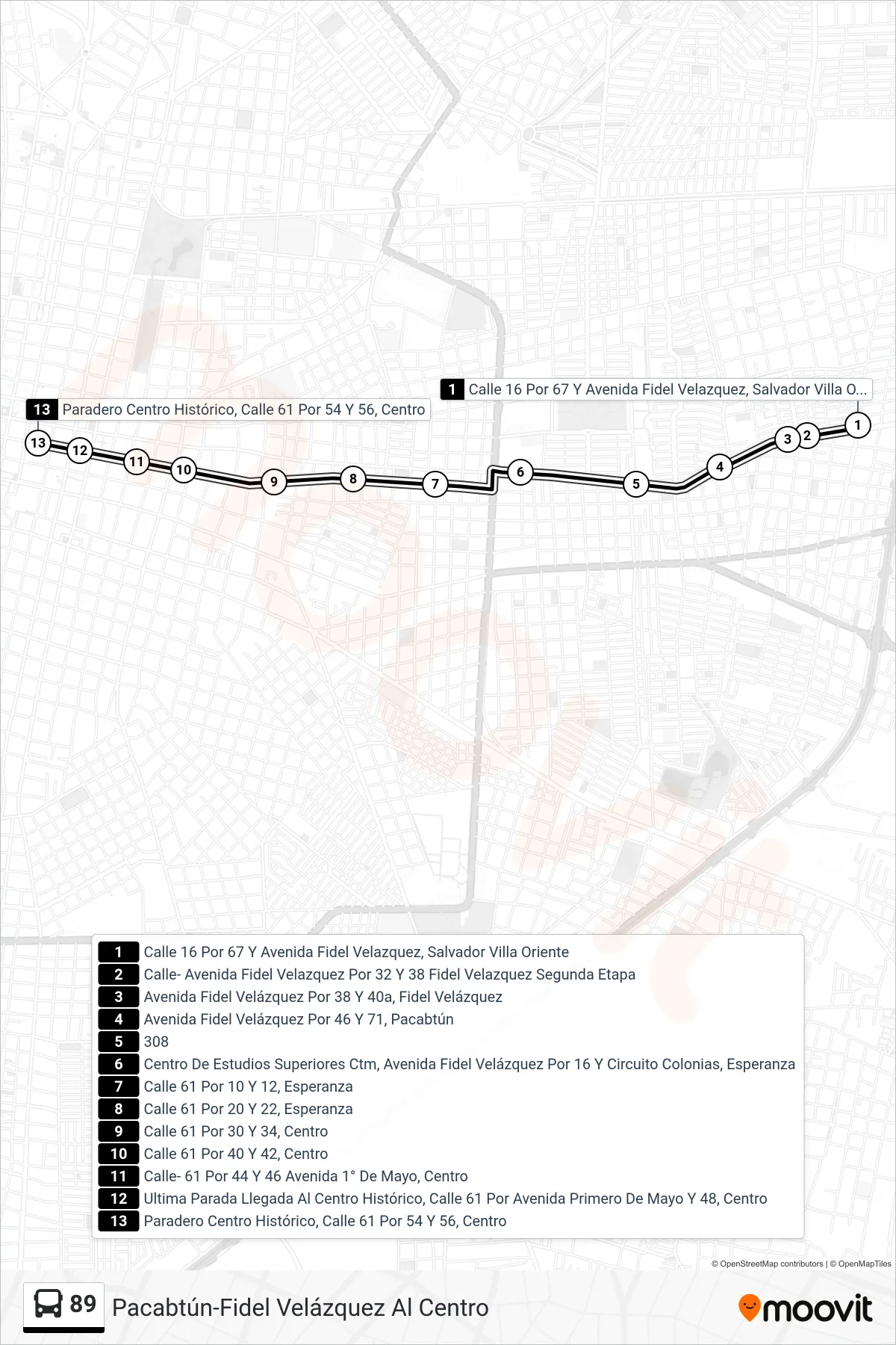 89 bus Line (Pacabtún-Fidel Velázquez Al Centro) route and stops on a map