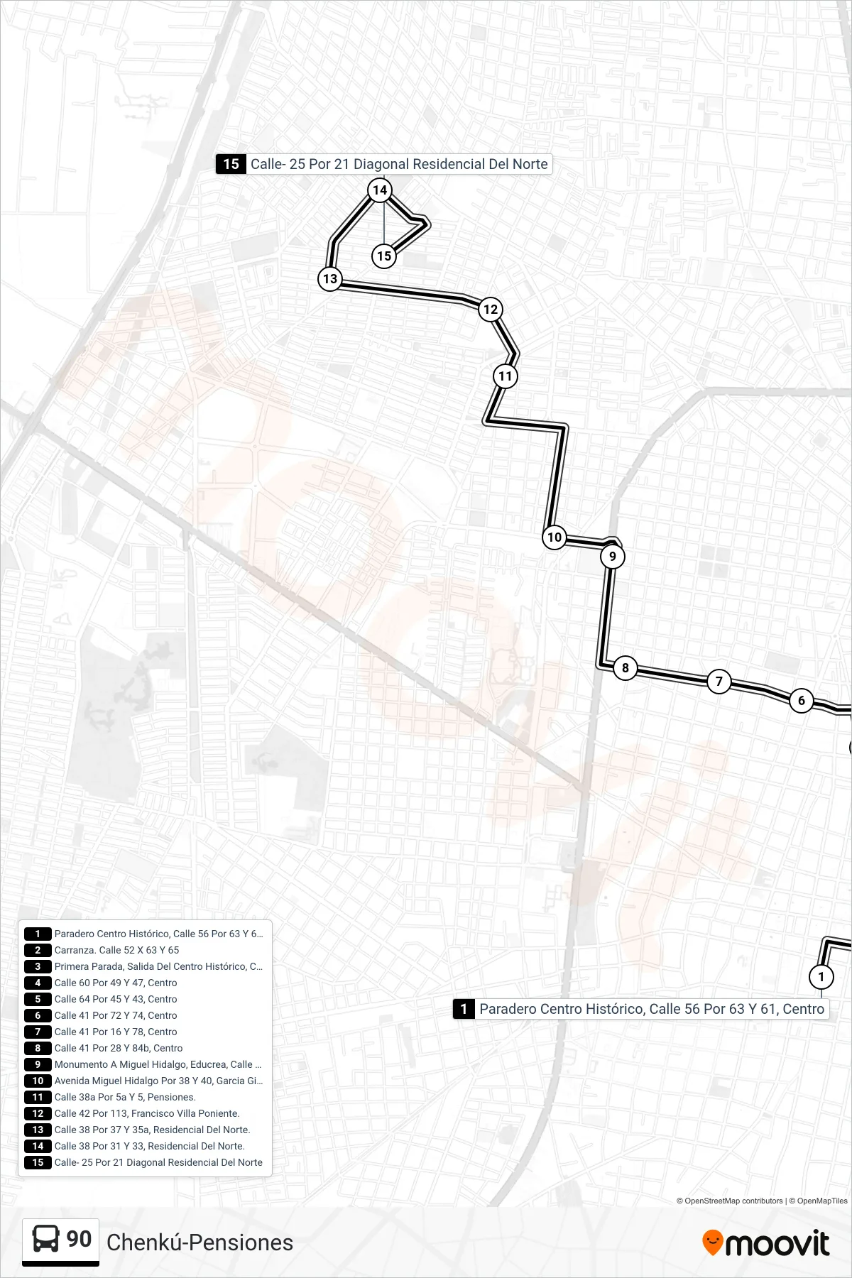 90 bus Line (Chenkú-Pensiones) route and stops on a map