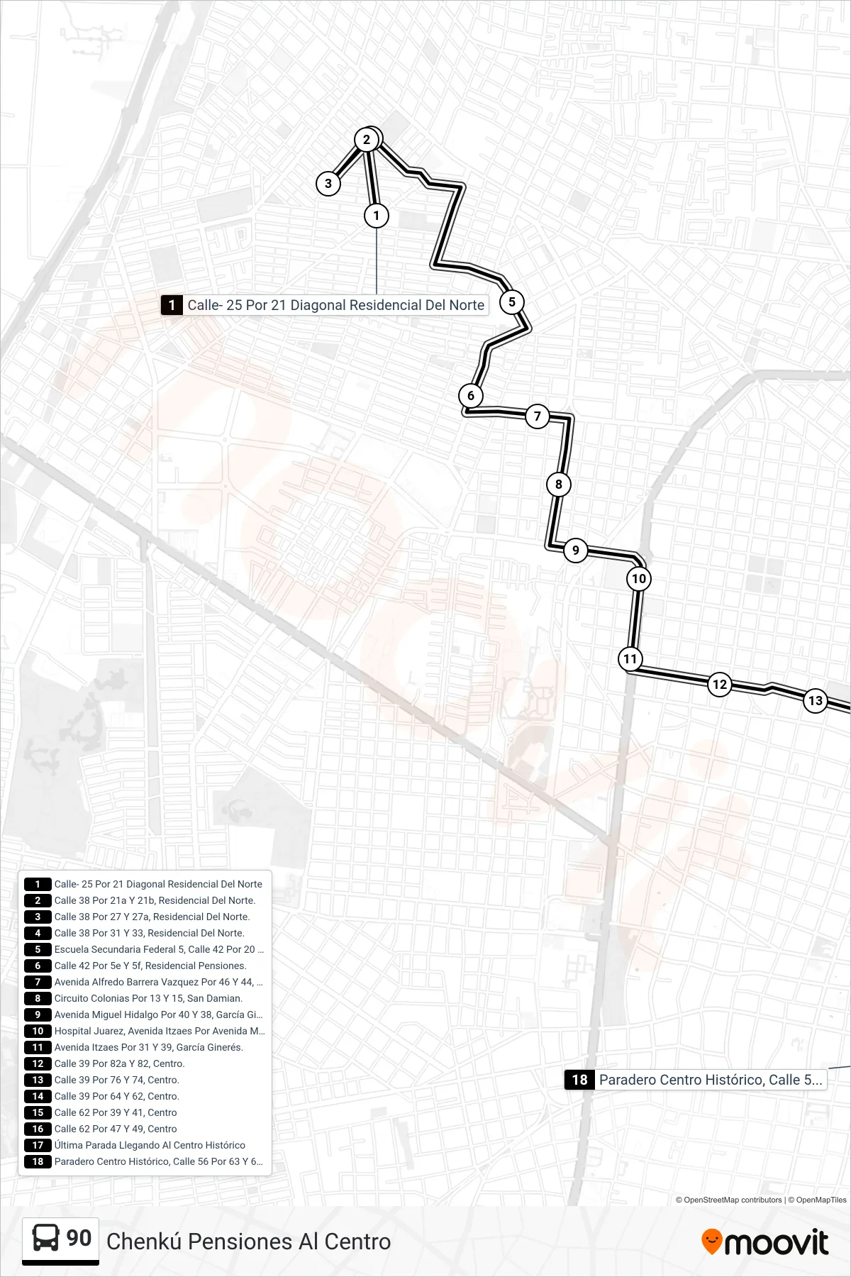90 bus Line (Chenkú Pensiones Al Centro) route and stops on a map