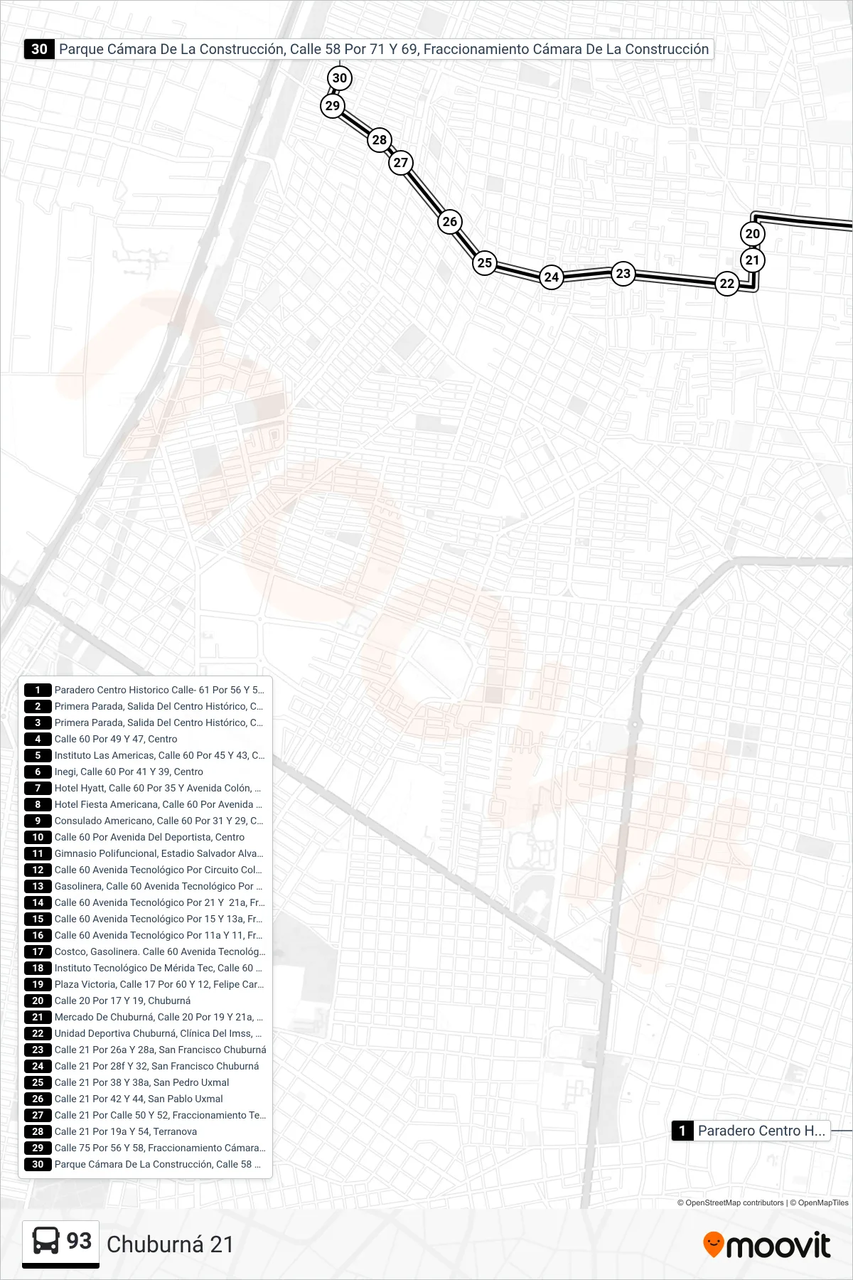 Recorrido y paradas de la línea 93 de autobús (Chuburná 21) en el mapa