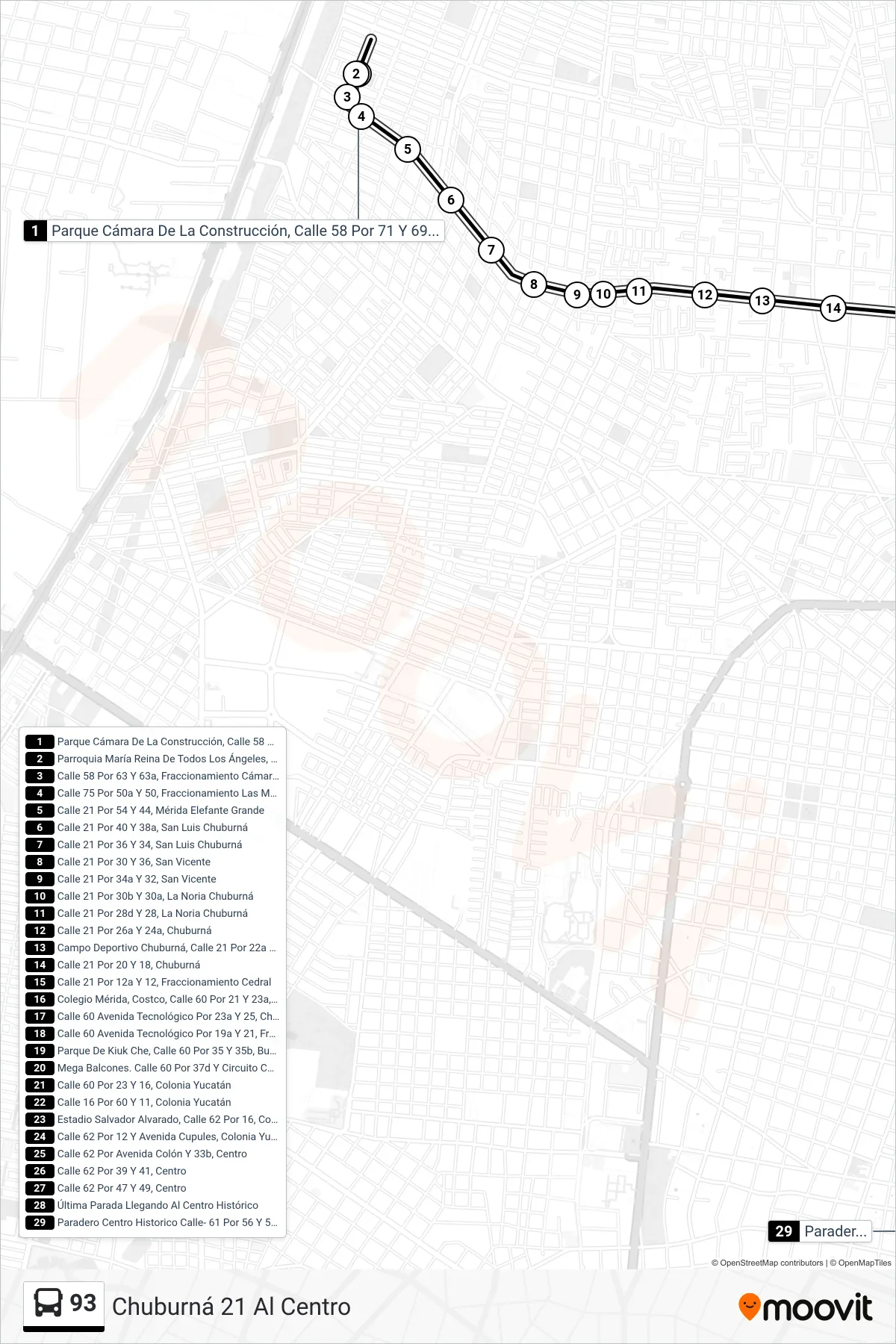 93 bus Line (Chuburná 21 Al Centro) route and stops on a map