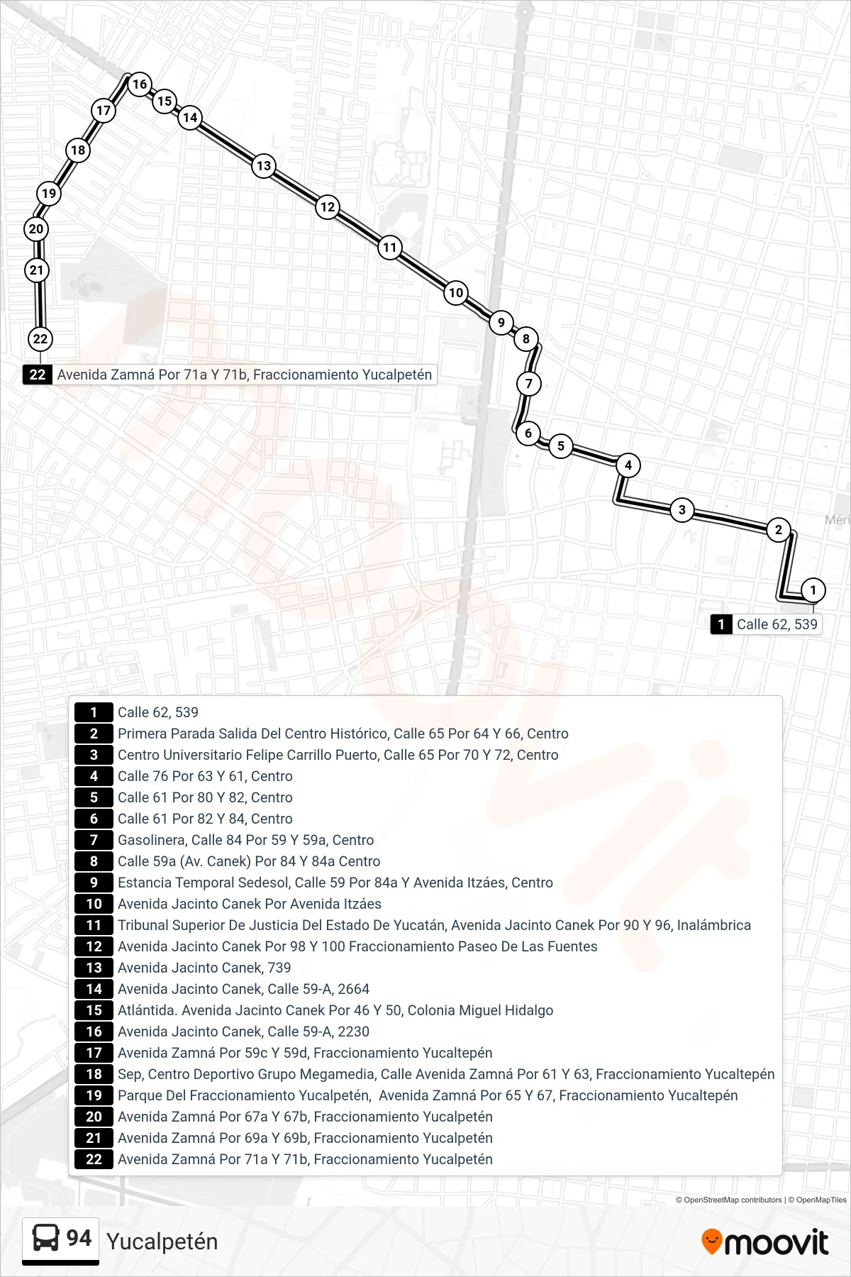 Recorrido y paradas de la línea 94 de autobús (Yucalpetén) en el mapa